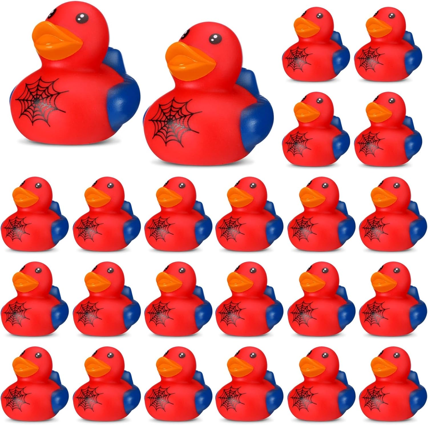 Leyndo 24 Pcs Halloween Spiderweb Birthday Party Decoration Favors Halloween Spiderweb Rubber Duck Bulk for Bathtub Floating Pool Squeaky Red Blue Duck for Gifts Party Supplies