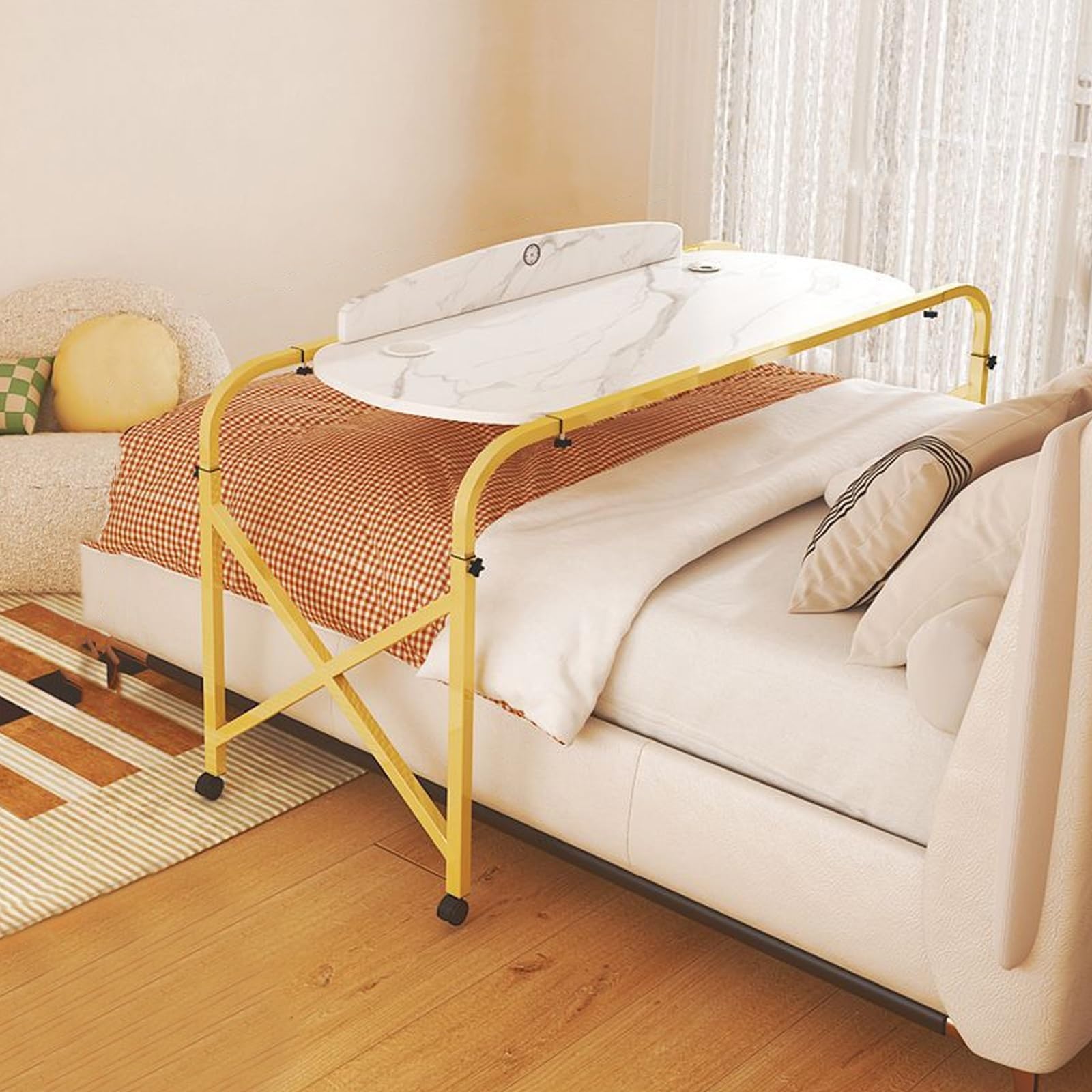 Mesa Auxiliar Ajustable para Cama con Ruedas - Altura y Longitud Ajustables - Escritorio para portátil para Cama y Uso hospitalario - Ruedas con Bloqueo - Portavasos - Soporta hast