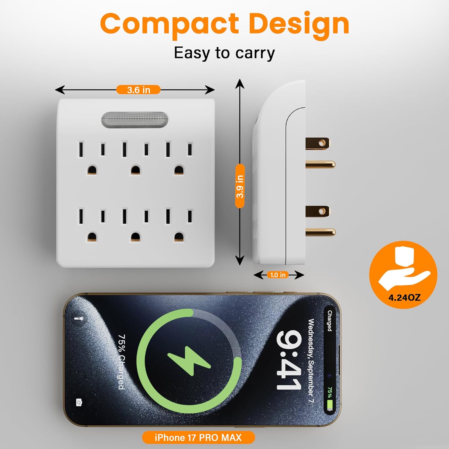 6-Outlet Extender, 3-Prong Grounded Wall Tap Adapter with LED Guide Light, 1875W Multiple Plug Electrical Outlets Splitter for Home, Office, Hotel, Travel, ETL Listed, Cruise Essentials, White