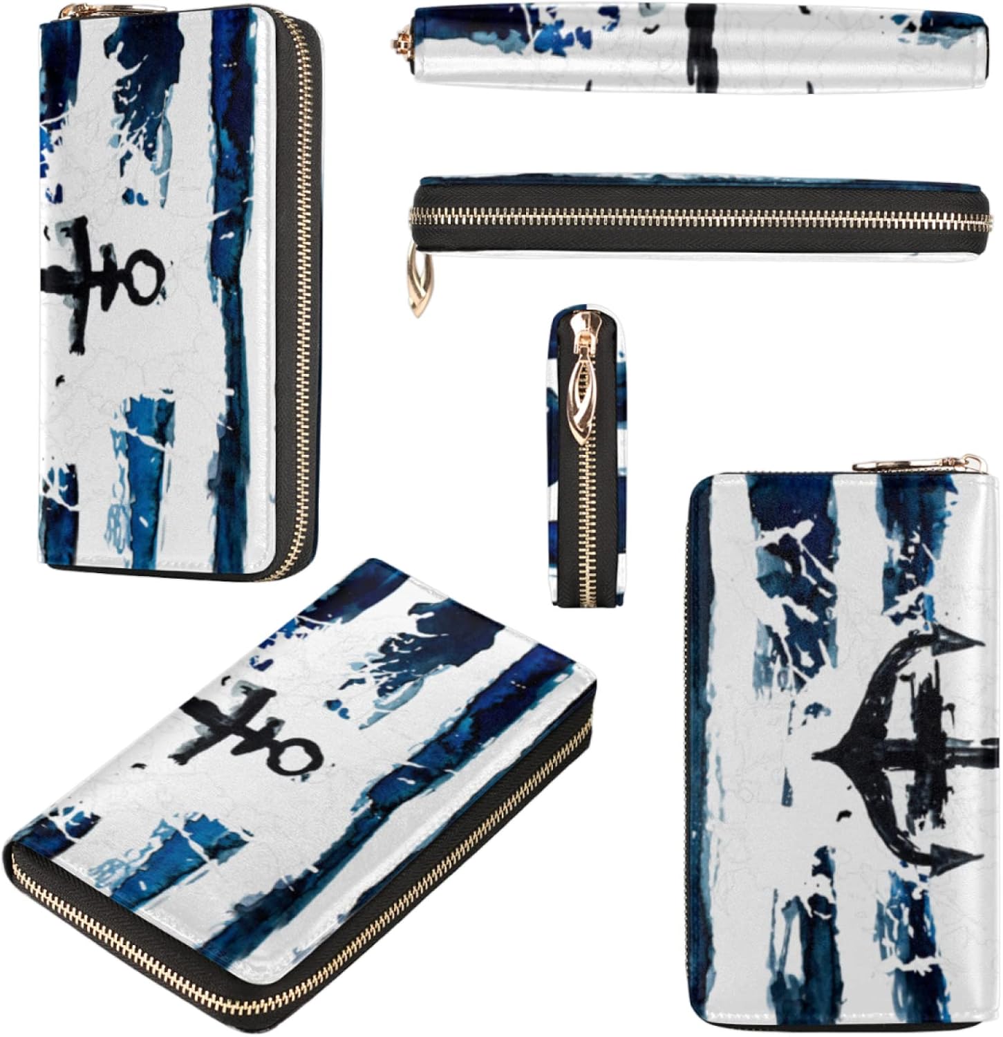 Hand Drawn Anchor Wallets For Women Gold Zip Around Credit Card Holder Organizer Nautical Theme Long Wallet Large Capacity Lightweight Ladies Purse