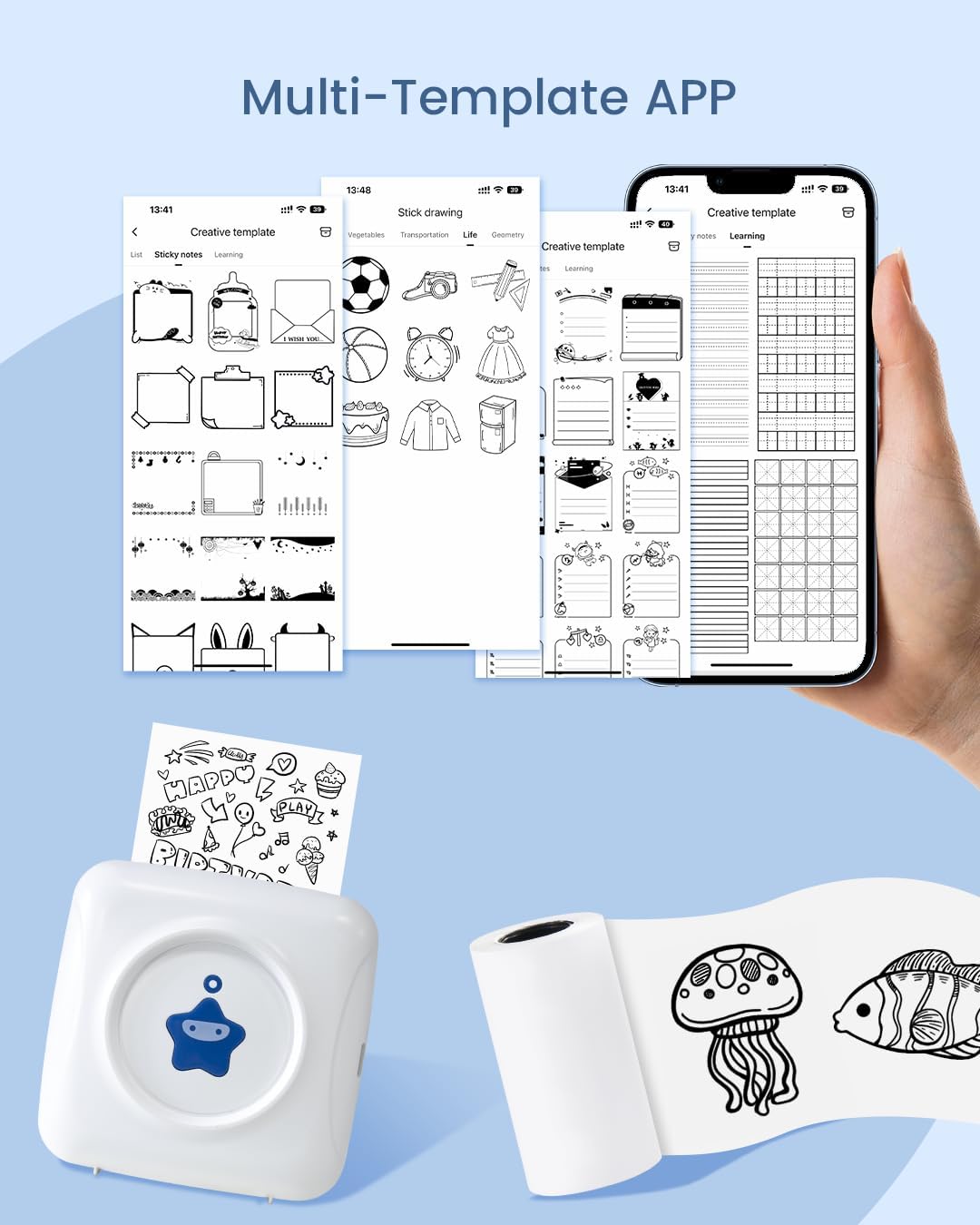 Screenshot of the XLife Pro app showing various templates for creative printing, including sticky notes, stick drawings, and learning templates.