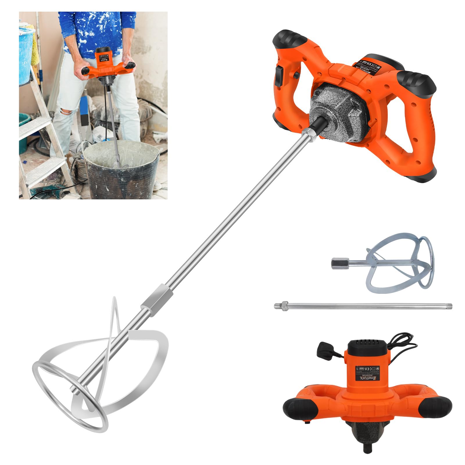 Banas 2600 W Portable Electric Concrete Cement Plaster Grout Paint Thinset Mortar Paddle Mixer Pro Drill Mixer Stirring Tool Adjustable 6 Speed Handheld (Orange Electric Mixer)
