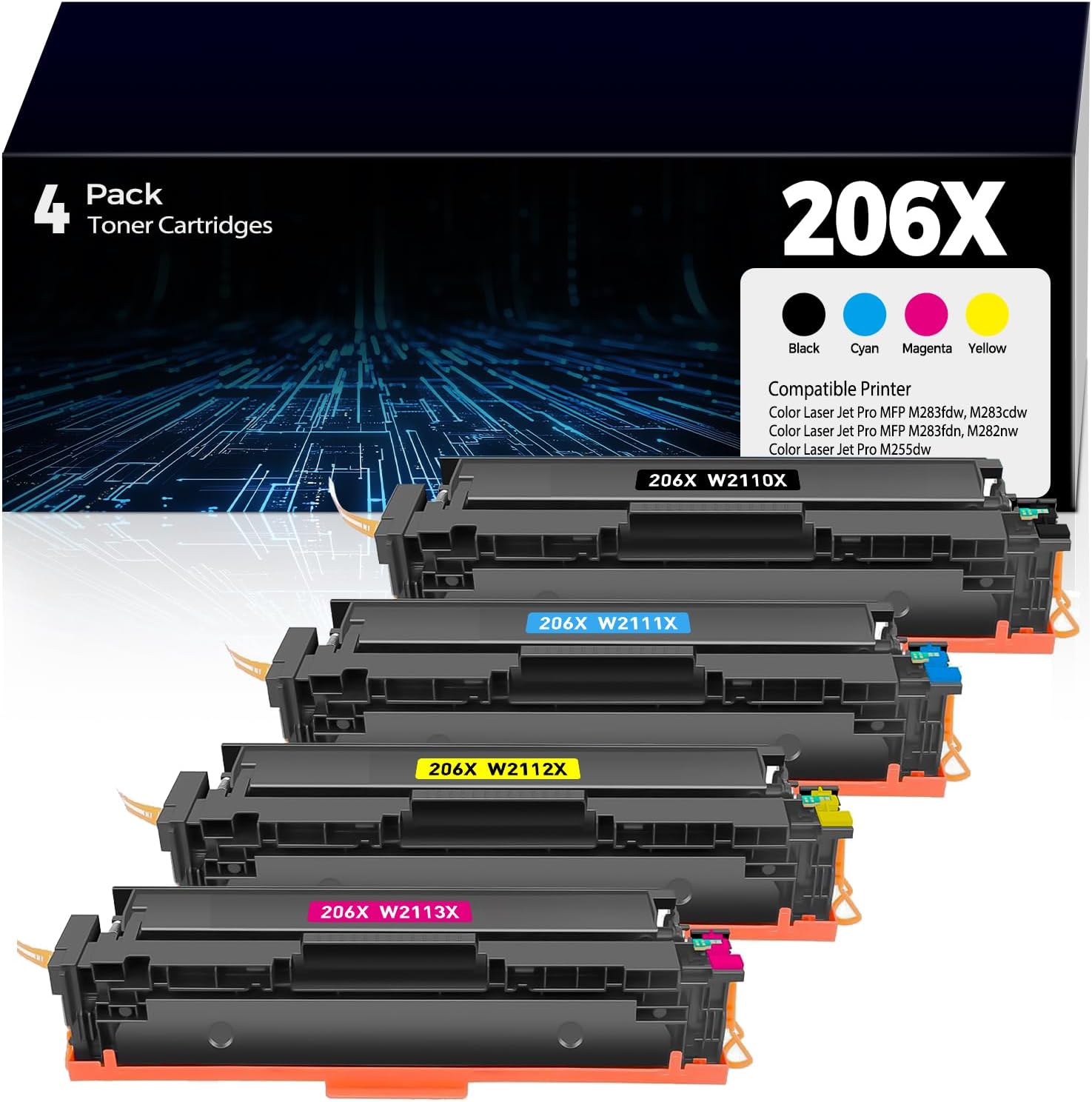 206X Toner Cartridges 4 Pack Replacement for MFP M283fdw M283cdw for HP 206X HP206X 206A 206 HP206A Toner Work for Color Laser Jet Pro MFP M283fdw M255dw M283cdw M283fdn M282nw M255nw Printer Ink 206X