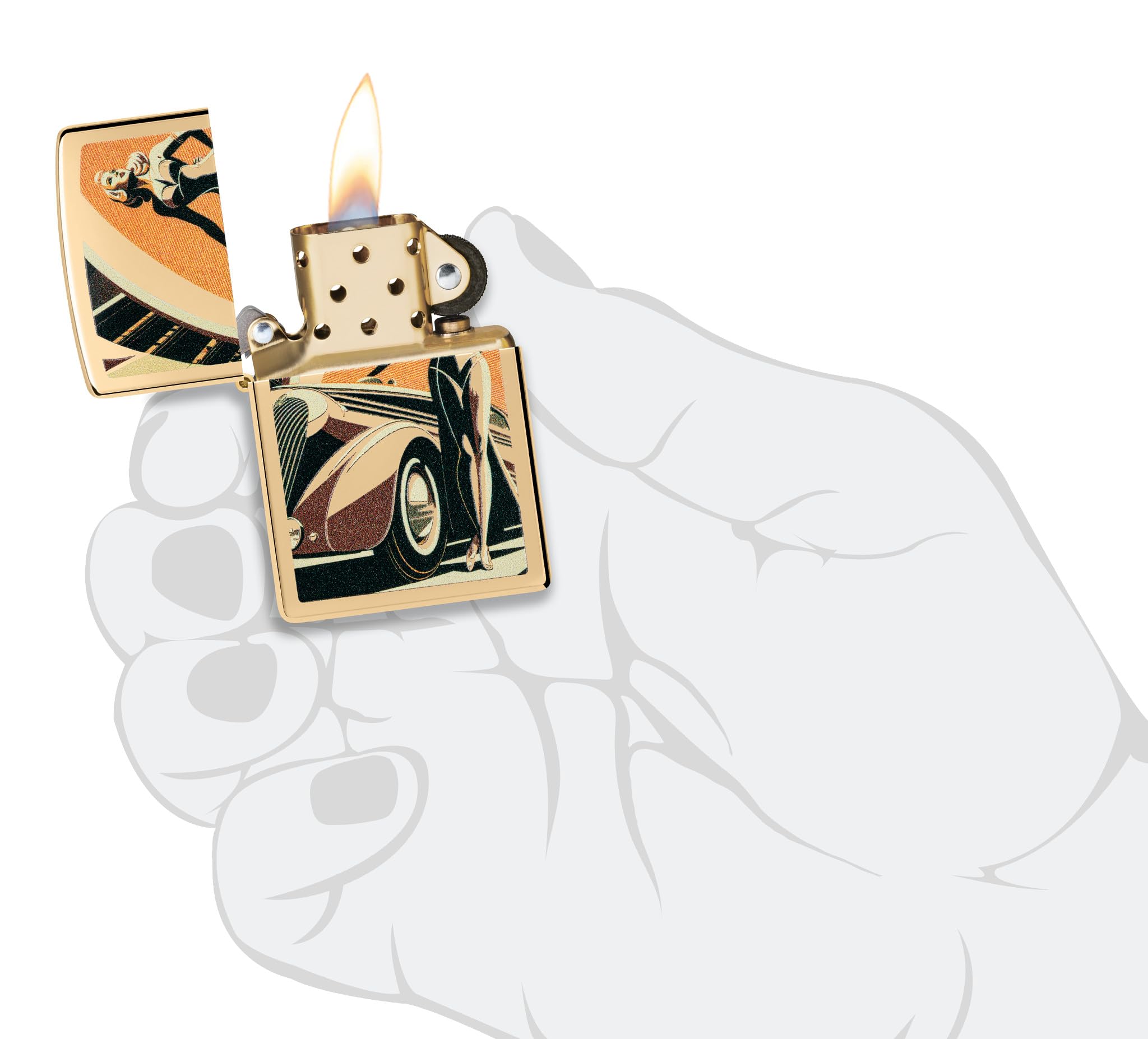 Zippo Sturmfeuerzeug - Vintage Car and Woman Design - Gold - High Polish Brass - Colour Image - Nachfüllbar - Windfest - Geschenkbox - Made in USA