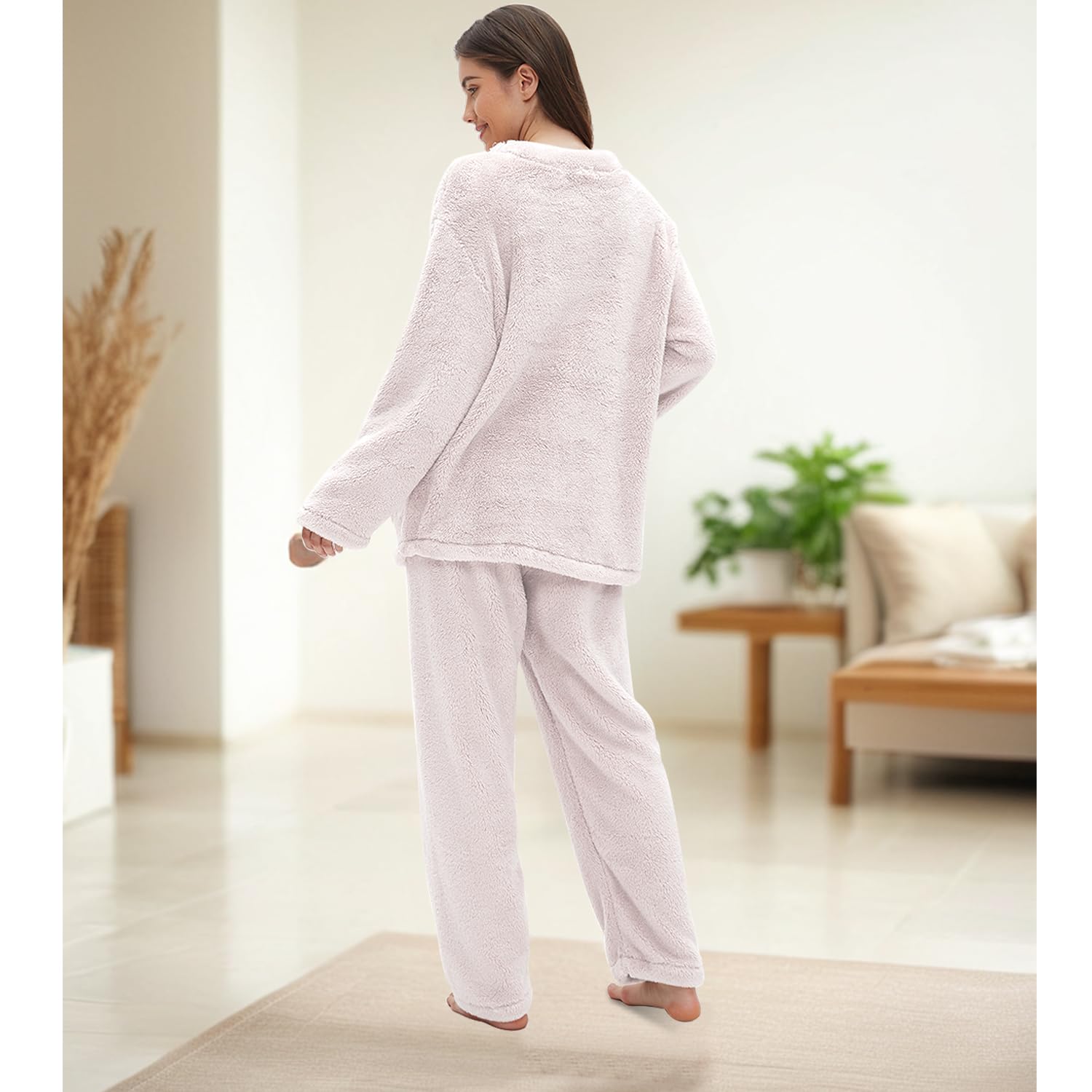Set Pigiama da Donna in Pile Corallo, Morbido Pigiama da Donna a Due Pezzi a Maniche Lunghe e Pantaloni Caldi Pigiama con Tasche