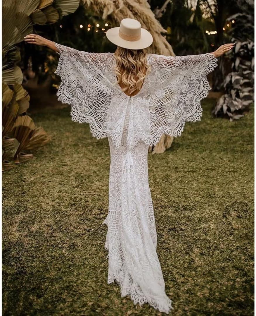 Boho Wedding Dresses for Bride Lace Mermaid Bridal Dress V Neck Cape Sleeve Beach Bohemian Vintage Wedding Gown