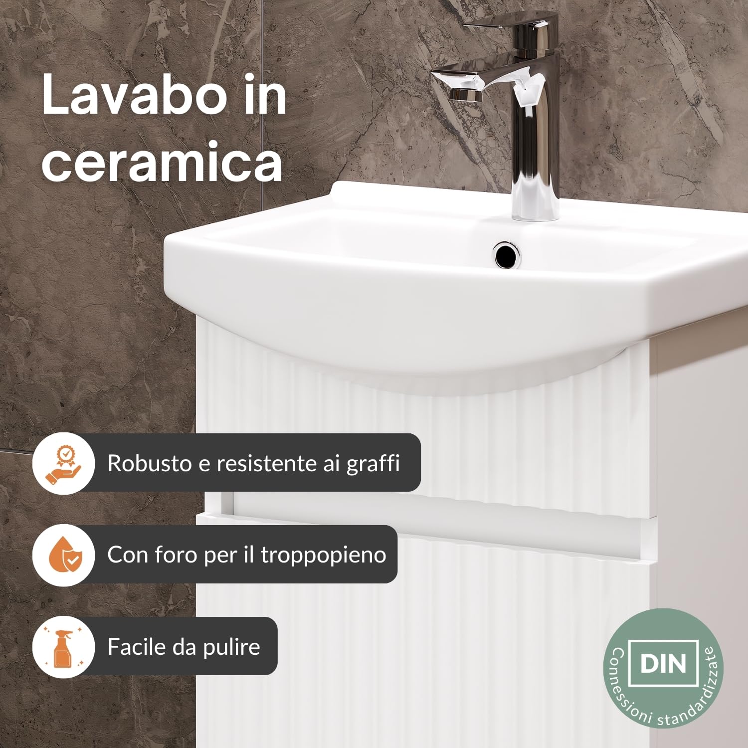 Planetmöbel lavabo con base da 45 cm con lavandino bagno in ceramica, mobiletto sospeso per piccoli bagni e WC ospiti, bianco opaco