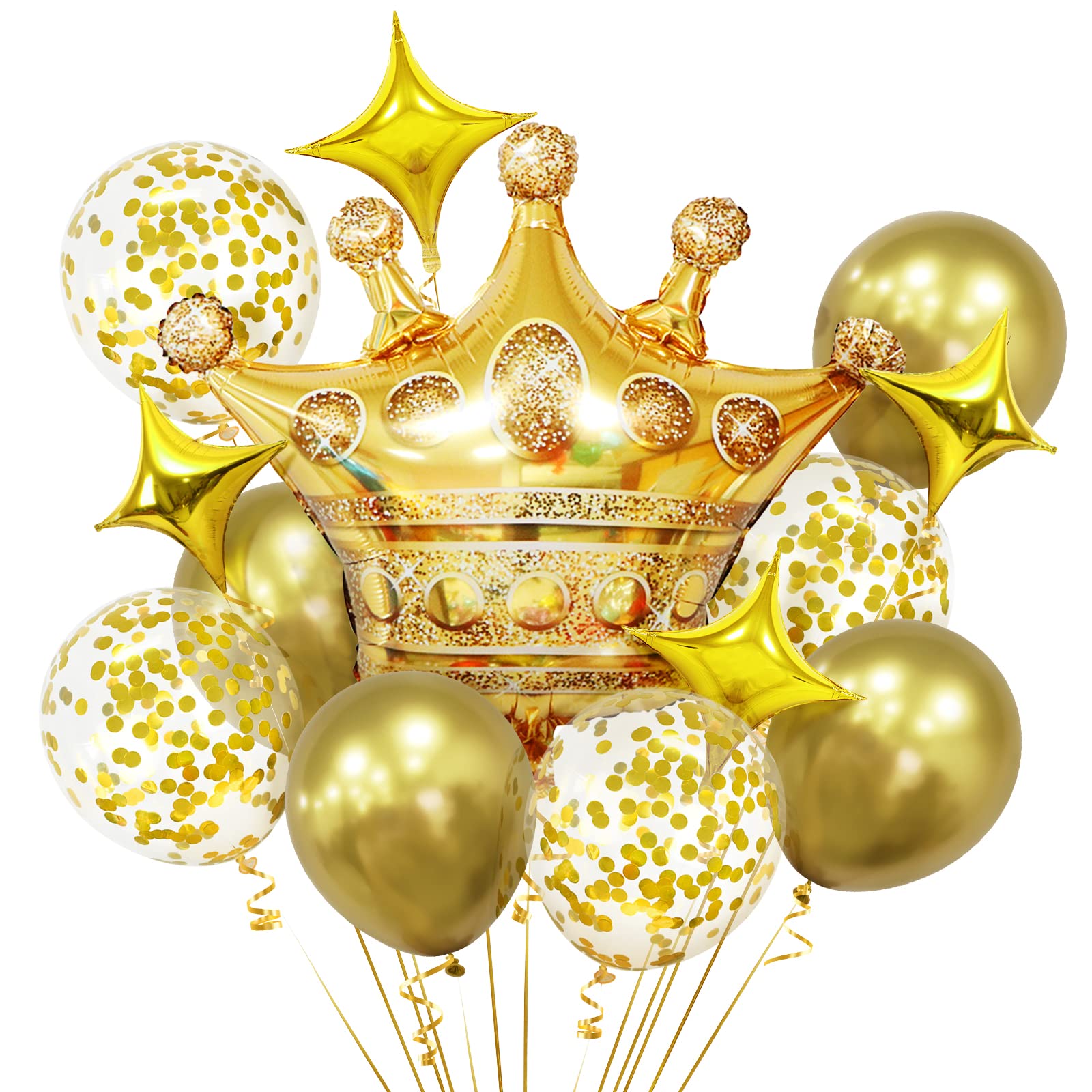 Crown Balloons Decorations - 13 Large Gold Crown Foil Balloons with Stars, Metallic Confetti for Princess Birthday Party, Baby Shower & Wedding