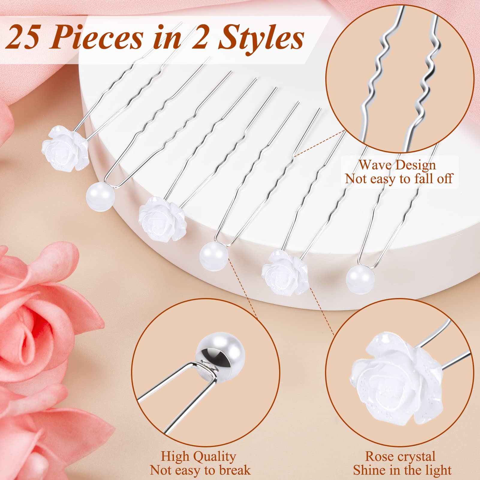 25 Pezzi Forcine per Capelli Sposa, Accessori Capelli Sposa Forcine per Capelli di Rosa Bianca Perla, Capelli con Perlé a Forma di U per Matrimoni, Spose, Damigelle, Anniversari e Comunione