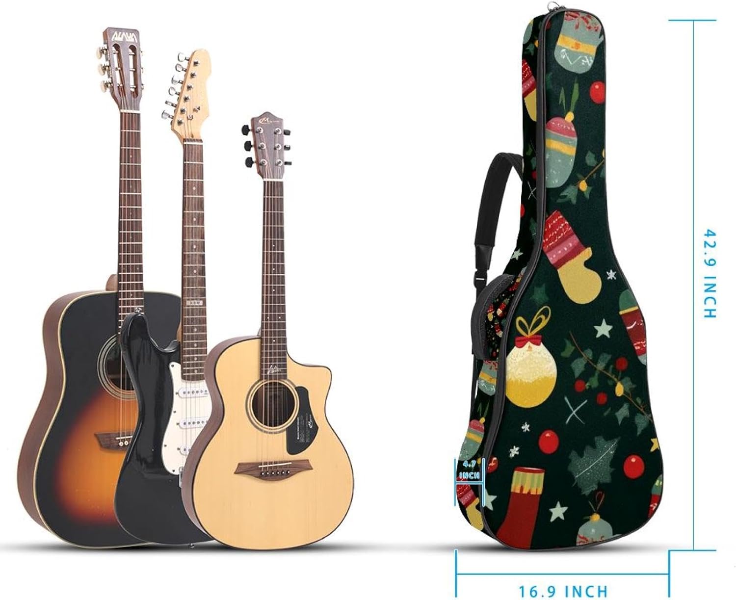 Merry Christmas Guitar Bag 40 41 42 In 2 Pockets Guitar Case Waterproof Guitar Case Resistent Oxford Cloth 0.4 In Extra Thick Sponge Padded for Acoustic Guitar
