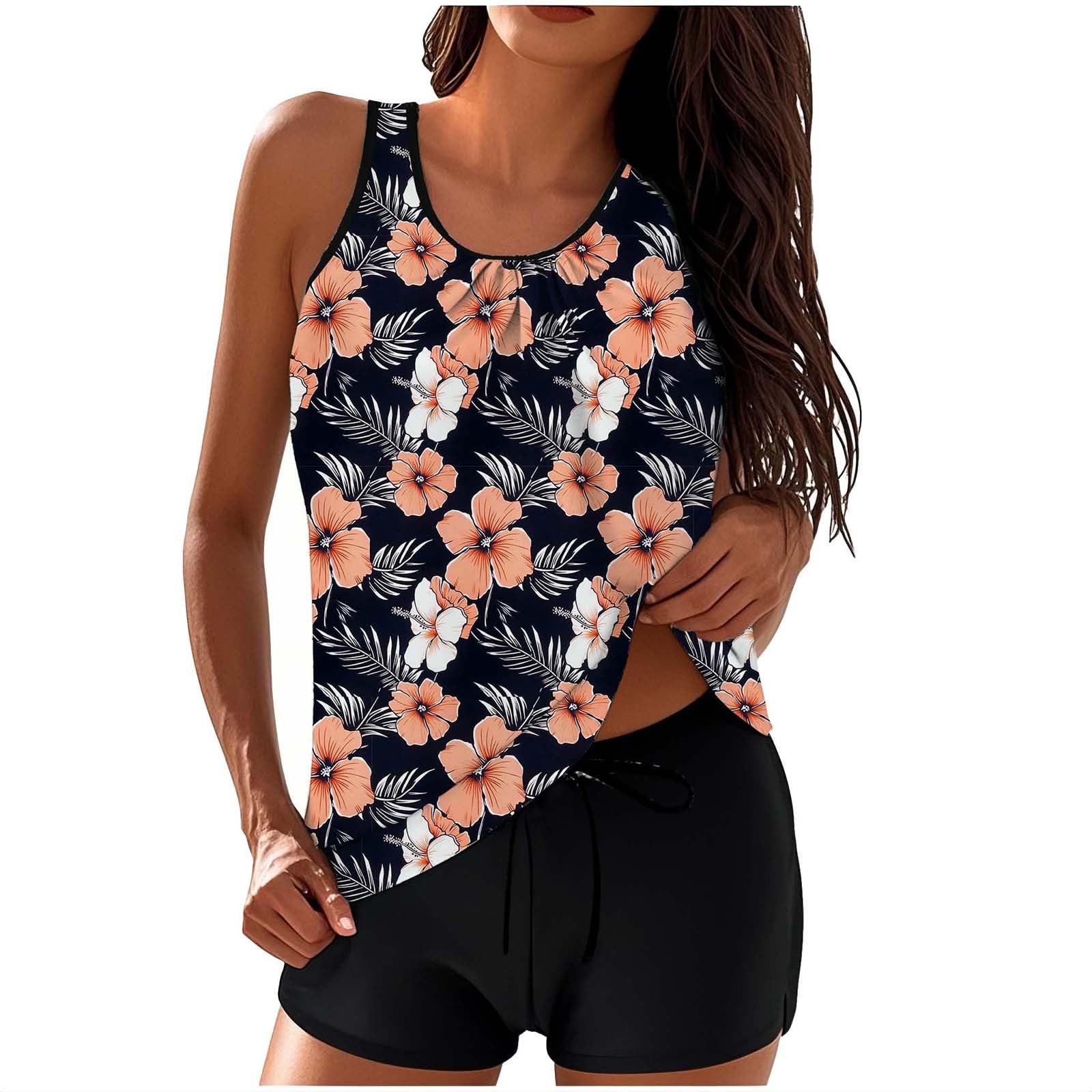 Womens Tankini Bathing Suits Trendy Blouson Swim Tank Top with Shorts Fashion Vacation Print Summer Bathing Suits