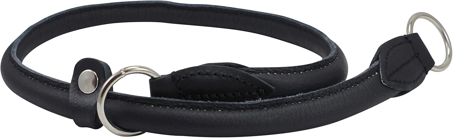 Round Genuine Rolled Leather Choke Dog Collar Black (26" Long)