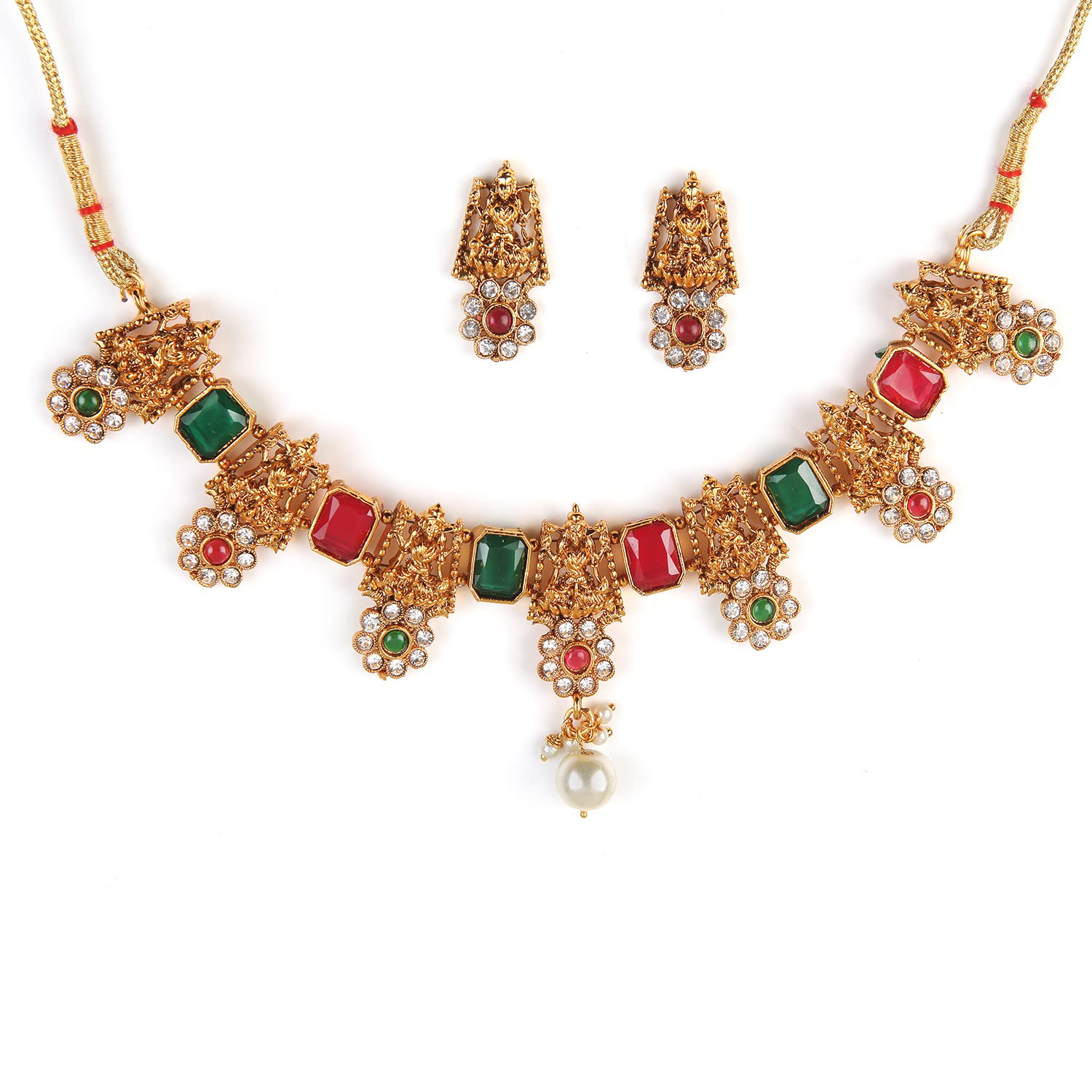 RAAJI'S Jewellery Traditional Design Gold Plated Stylish Necklace with Earrings Sets for Women and Girls Fashion, Golden Choker Pearl Set for Wedding & Festivals