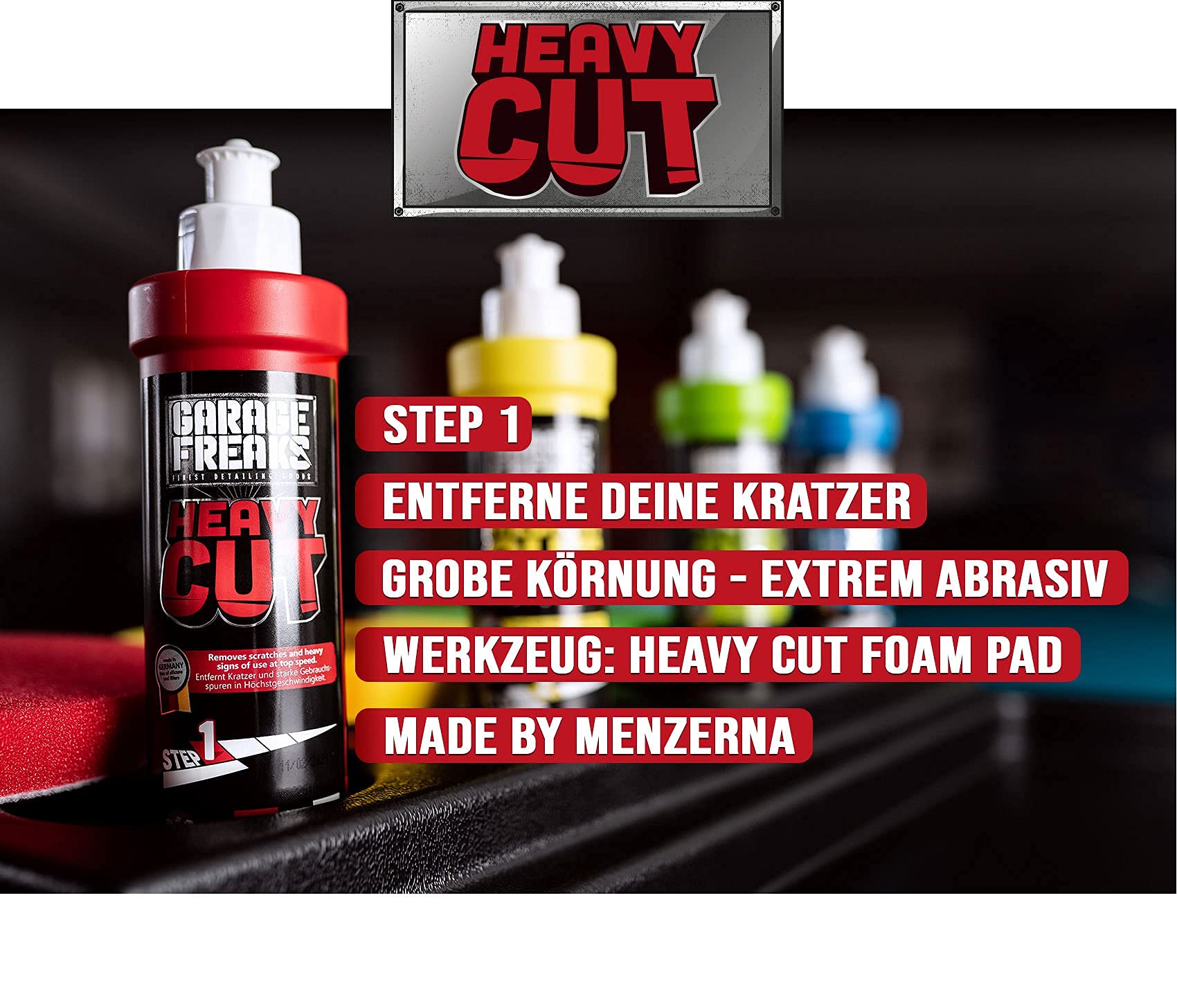Juego de pulidoras profesionales para coche, PLSH H15, pulidora excéntrica, placa de apoyo de 125 mm, Garage Freaks Heavy Cut, corte medio, abrillantadores de corte final, 250 ml, 3 almohadillas a