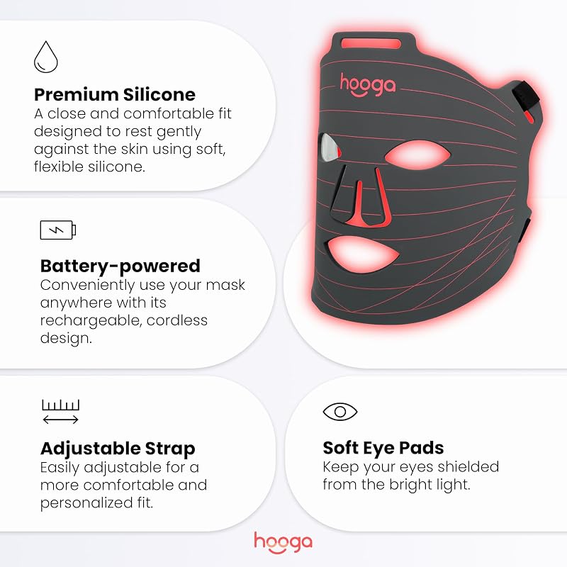 Hooga Red Light Therapy Mask – LED Face Mask, 630nm 660nm Red & 850nm Near Infrared Light Therapy, Tri Chip LEDs, Rechargeable, Adjustable Comfortable Face Mask image 4