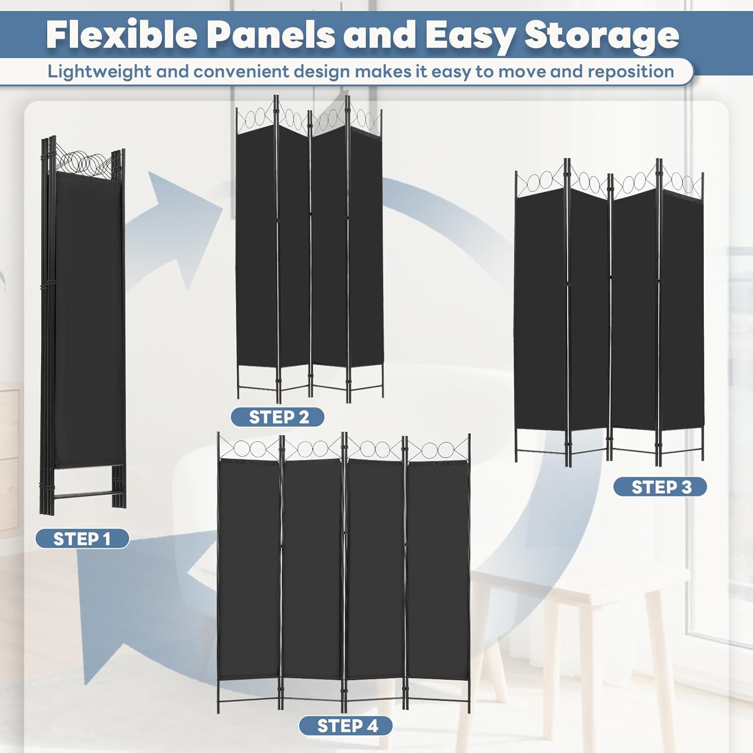 Steps for unfolding the DUMOS 4 Panel Partition Room Divider