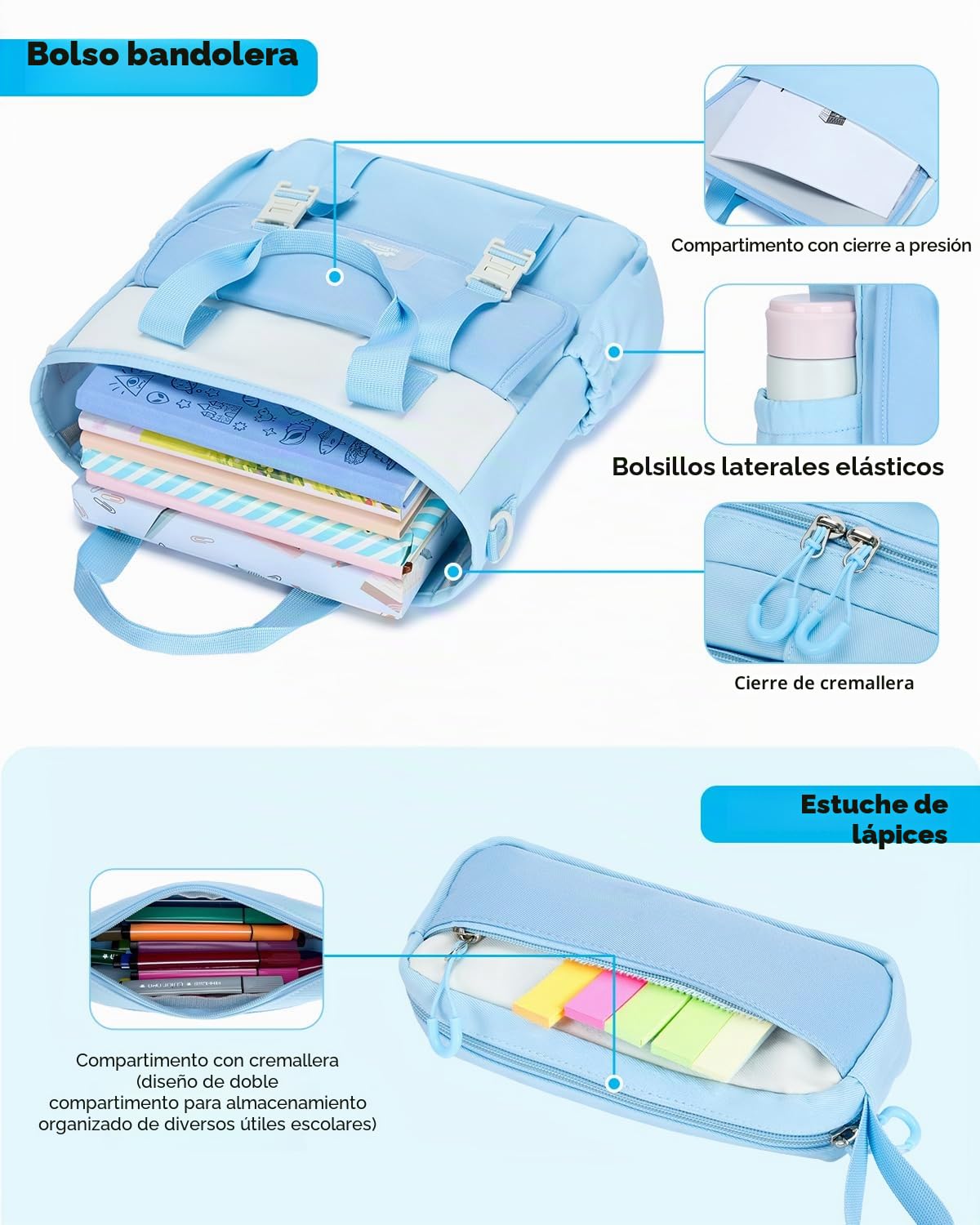 Amythe Mochila Escolar para Adolescentes Niñas, Mochilas para Instituto de 3 Piezas con Bandolera y Estuche, Mochila Grande Colegio Niña para Viajes y Ocio, Azul Cielo
