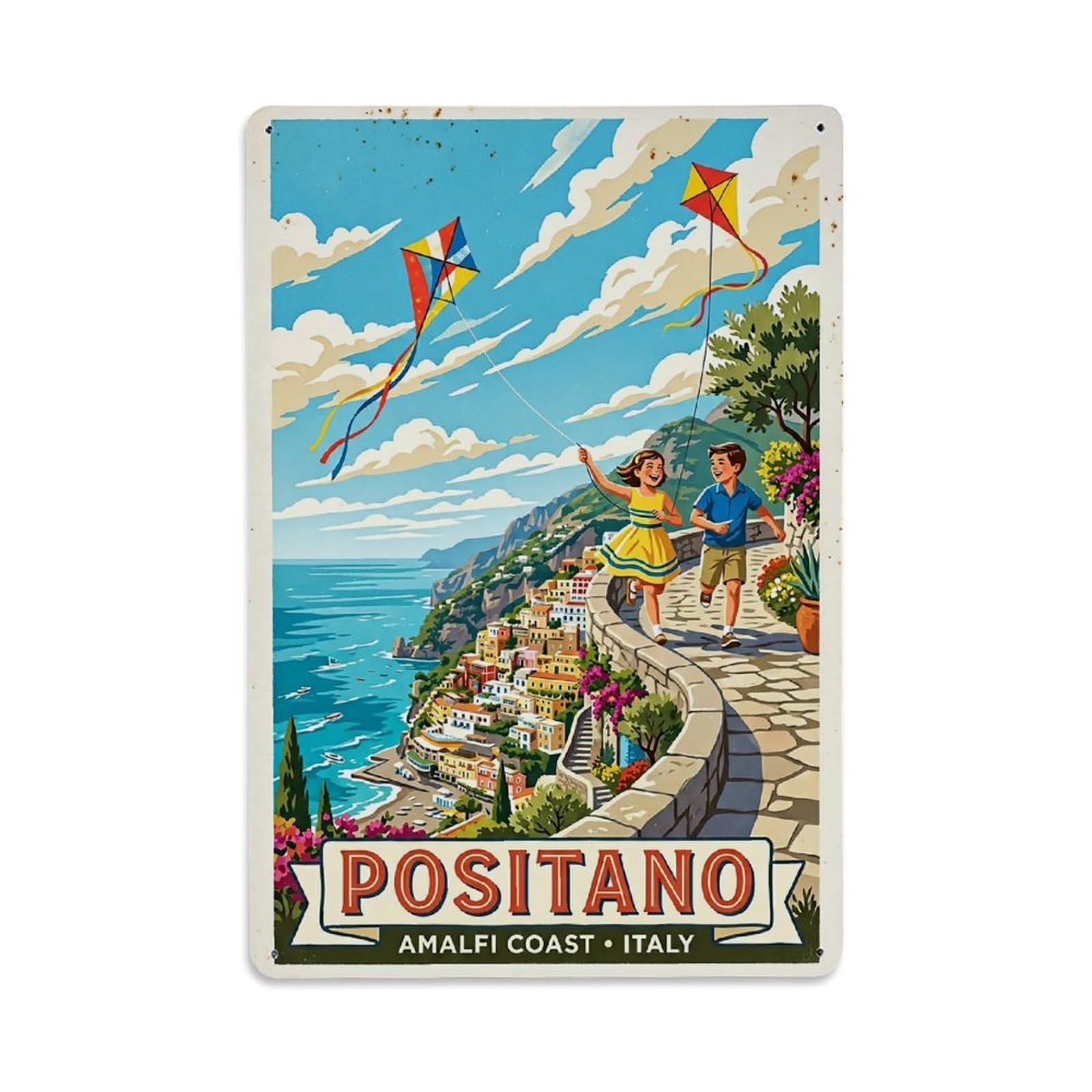 Huiyhb 8X12inch(20X30cm) Vintage Travel Positano Italy Kites Windy Terraces Metal Tin Sign