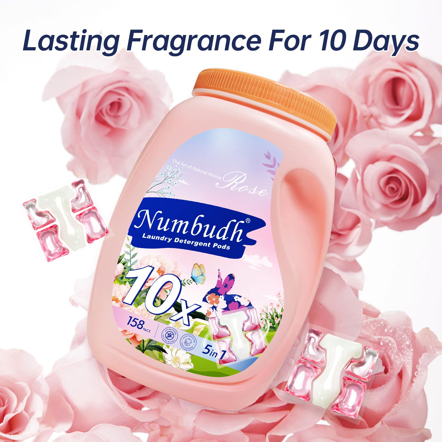 Capsule di Detersivo per Bucato, 158 Capsule, Formula 5-in-1, Profumo di Rosa a Lunga Durata