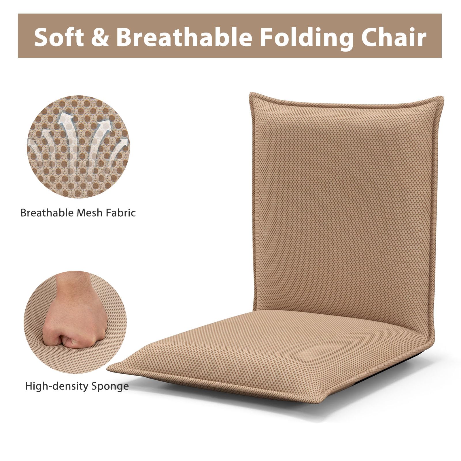 LIFEZEAL Sedia da Pavimento, Cuscino da Terra, Schienale Regolabile a 6 Livelli, Telaio in Acciaio, Imbottito in Spugna, Fodera Traspirante, Max 136kg, per Meditazione, Lettura, Relax, Lounge, Beige