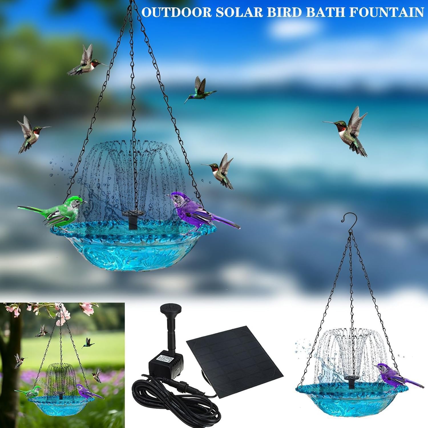 Bird Bath Fountain - Artistic with Solar Pump,Outside Bird Bath Water Drinker - for Patio Yard Courtyard Fences Balcony Handrails Terrace Pillars