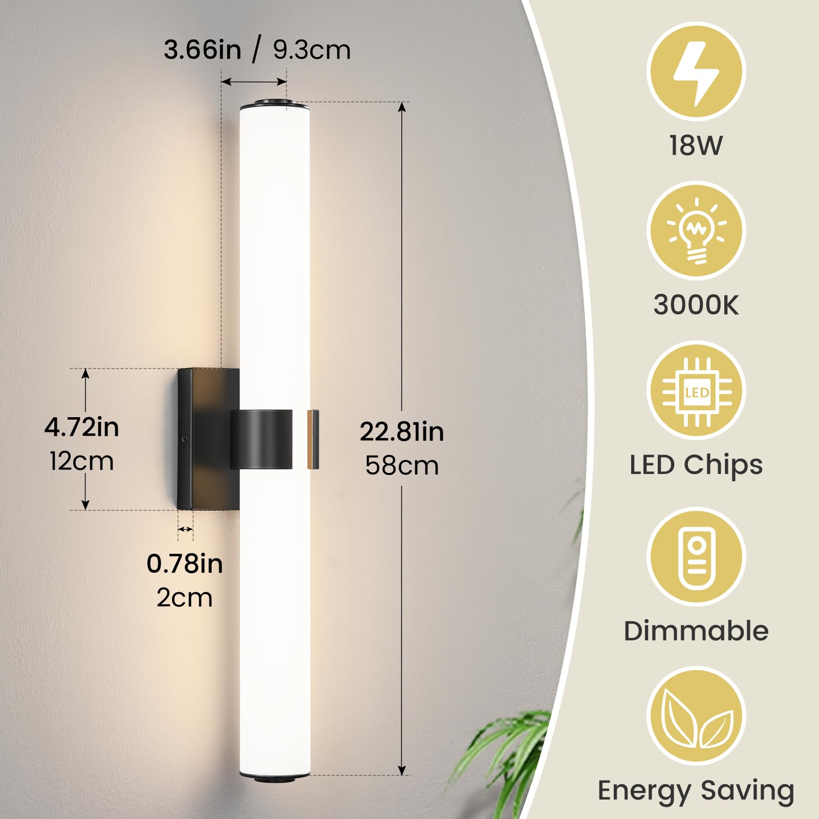 AIJIASI Black Vanity Lights for Bathroom, 22.8 Inch LED Vanity Light Modern Bathroom Light Fixtures, 28W Sconces Wall Lighting with Acrylic Shade for Mirror Bedroom Living Room Hallway 3000K