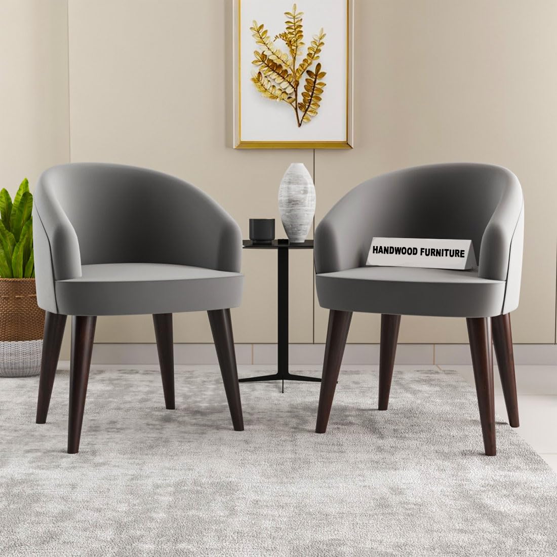 HANDWOOD FURNITURE Modern Home Furniture|Solid Wood Cushion Dining Chair Set of 2 with Velvet Fabric| Study Chair for Home & Office|Walnut Finish with Grey Cushions