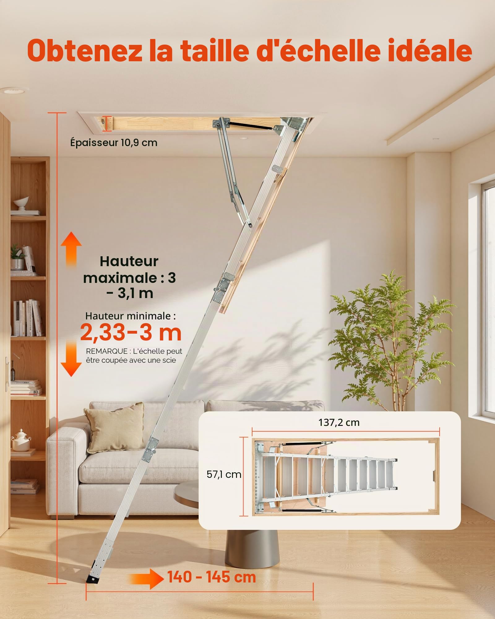 VEVOR Échelle de Grenier, Capacité Charge 170 kg, Escalier de Grenier Escamotable, Hauteur Installation 3 à 3,13 m, Marche 80 mm, Échelle Pliable Polyvalent Aluminium, pour Accès Pratique aux Greniers