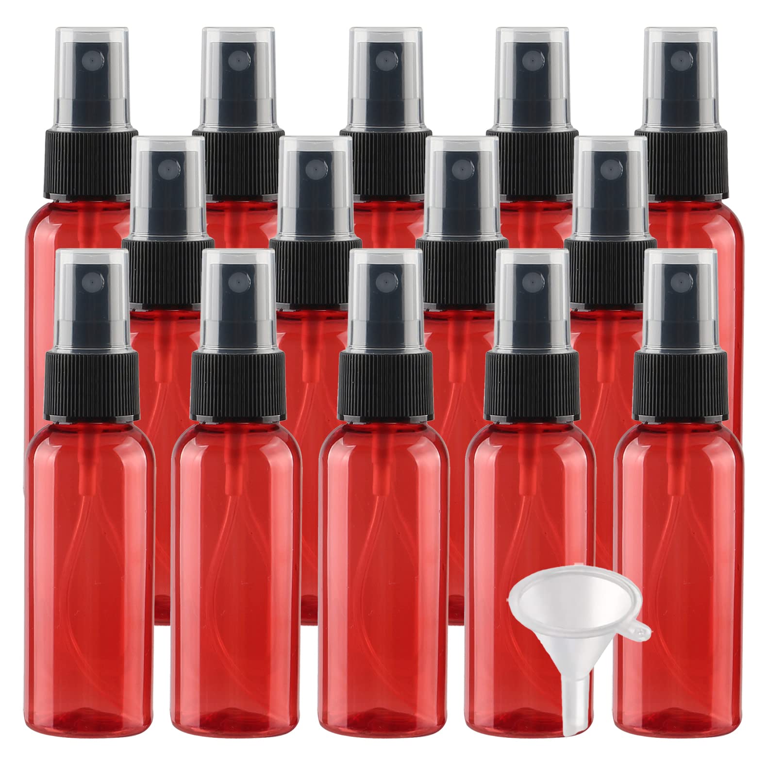 50 Stück Leer 50ml Rot Plastik PET Sprühflasche Reise Zerstäuber mit Schwarz Sprühkopf, Klein Feinen Nebel Parfümzerstäuber Reiseflaschen mit 4X Trichter