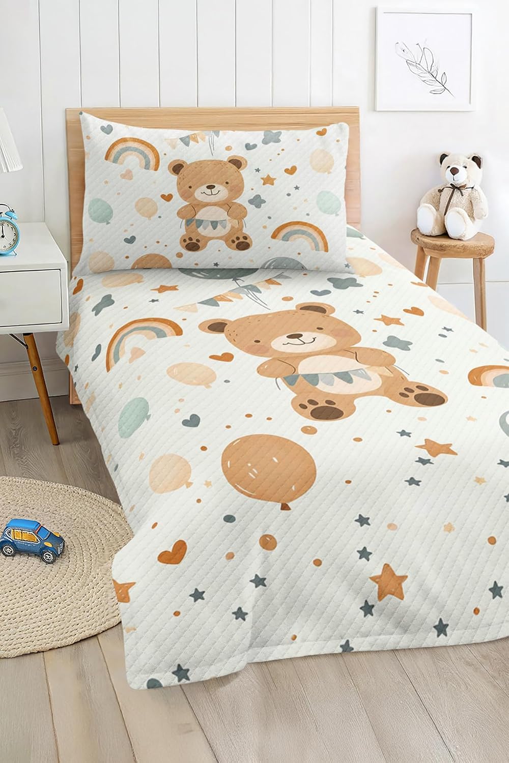 SODEF Bedding Set Twin Size Teddy Bear and Balloon Design for Kids and Teens, Lightweight Quilt Set with Pillow Sham, Soft Cotton Polyester Blend, Multicolor - Multicolor, One Size