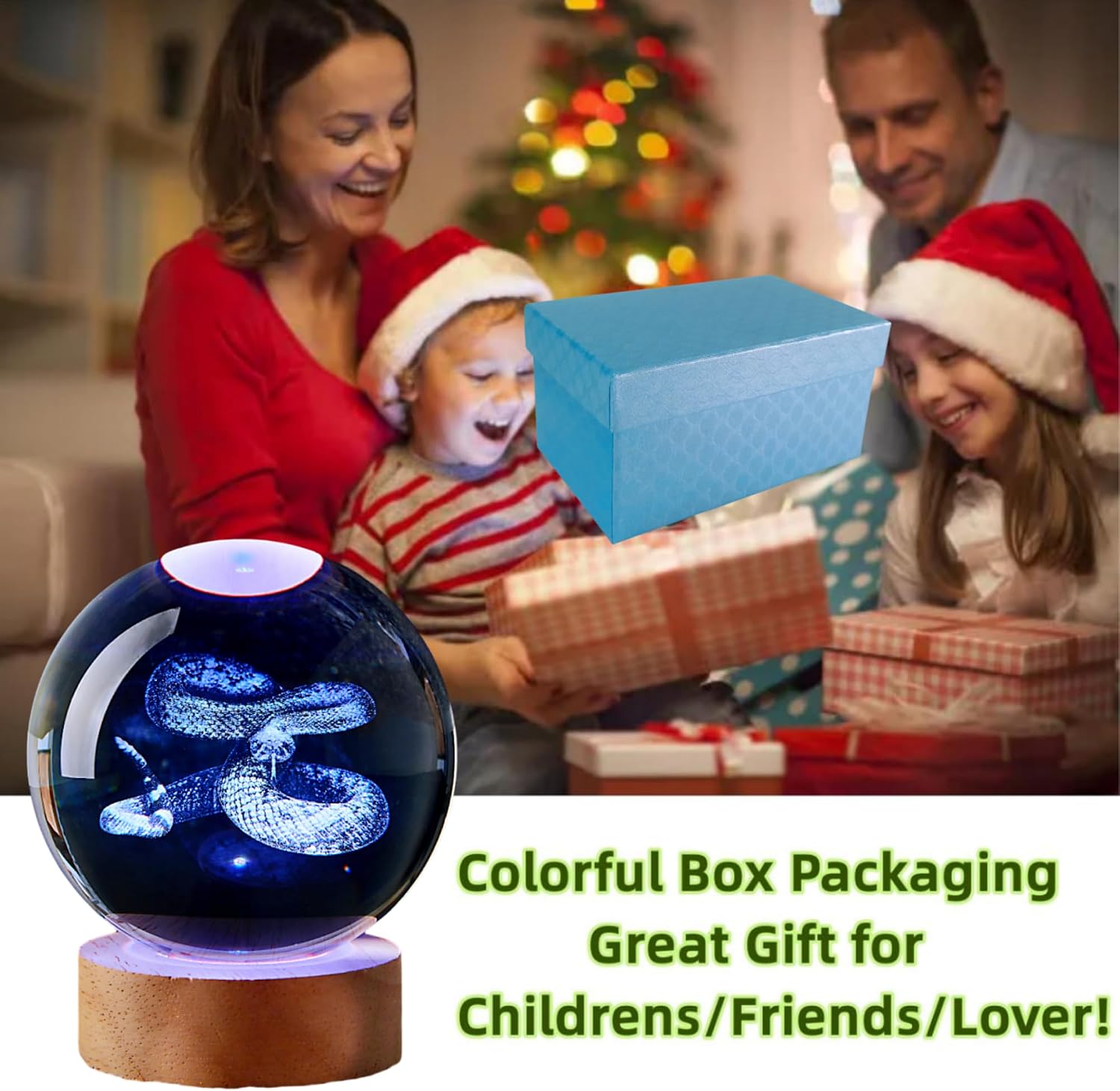Large Snake Crystal Ball Night Light with Woodern Base, 3D Cobra Crystal Lamp 16 Color Changing with Remote Control, Laser Engraved Glass Ball Lamp, Room Decor (Snake)