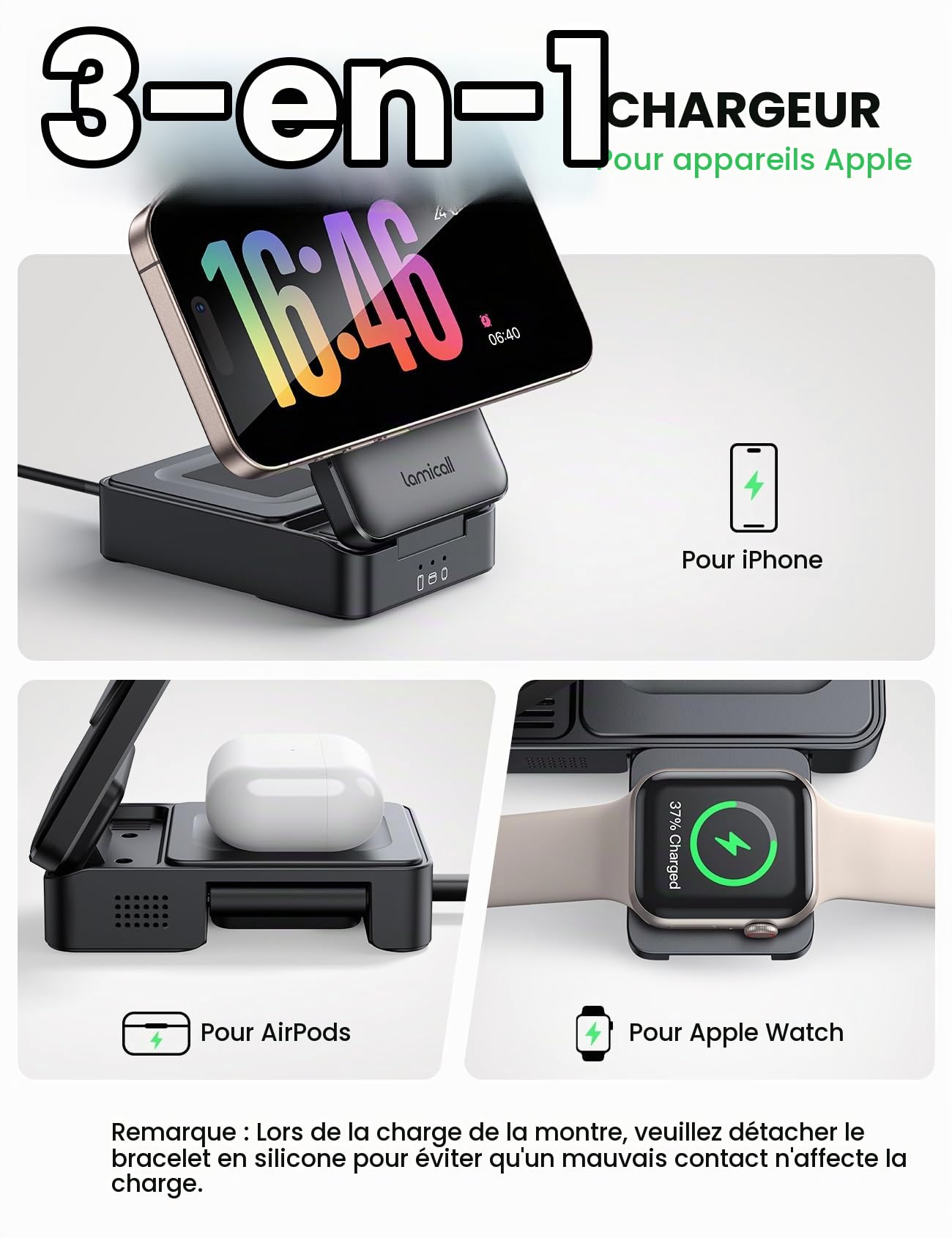 Lamicall 3-en-1 Chargeur Induction Pliable, Station de Charge pour Magsafe