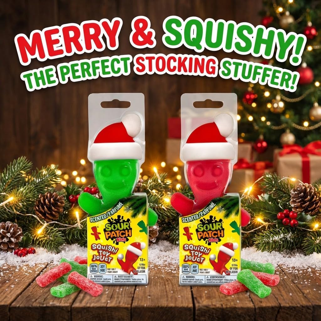Incredible Novelties Sour Patch Holiday Scented Squishy Toys, 2-Pack (Green & Red) – Soft Translucent Fidget Squeeze Toys, Cherry & Lime Scent, Christmas Stocking Stuffers