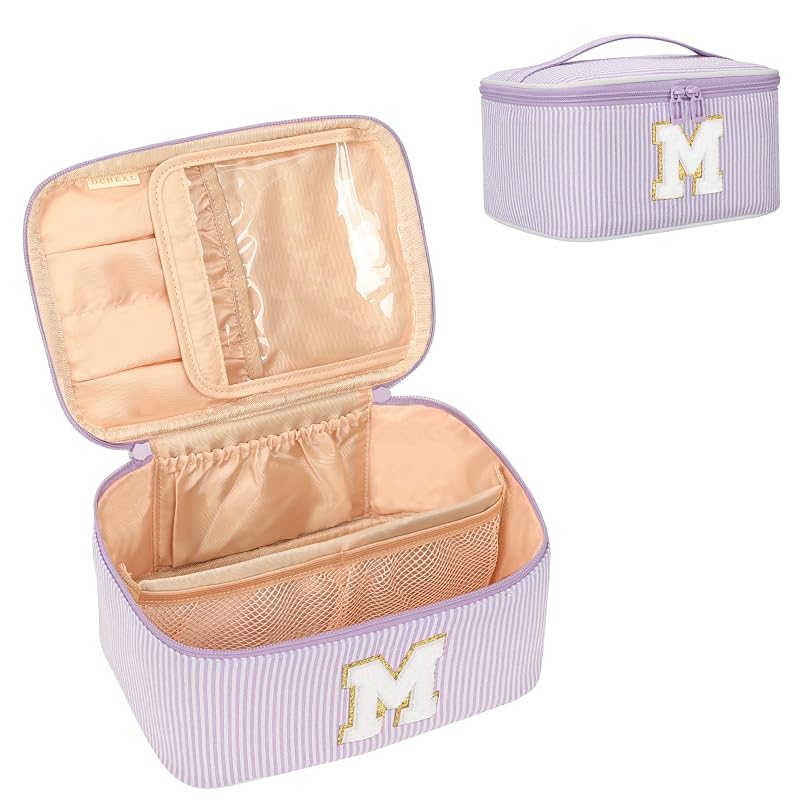 Necessaire de maquiagem OCHEAL Roxa com monograma, compartimentos e espaço para pincéis, Inicial M