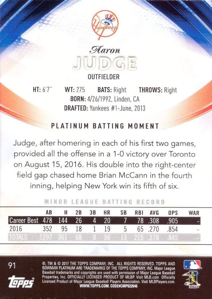 2017 Bowman Platinum Baseball #91 Aaron Judge Rookie Card