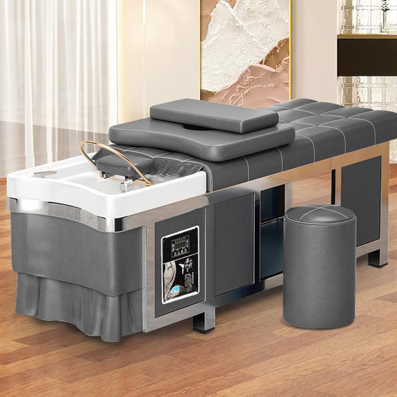 B Stainless Steel Head Treatment Shampoo Bed Shampoo Bed with Black Luxury Stripe Design Beauty Bed Includes Ample