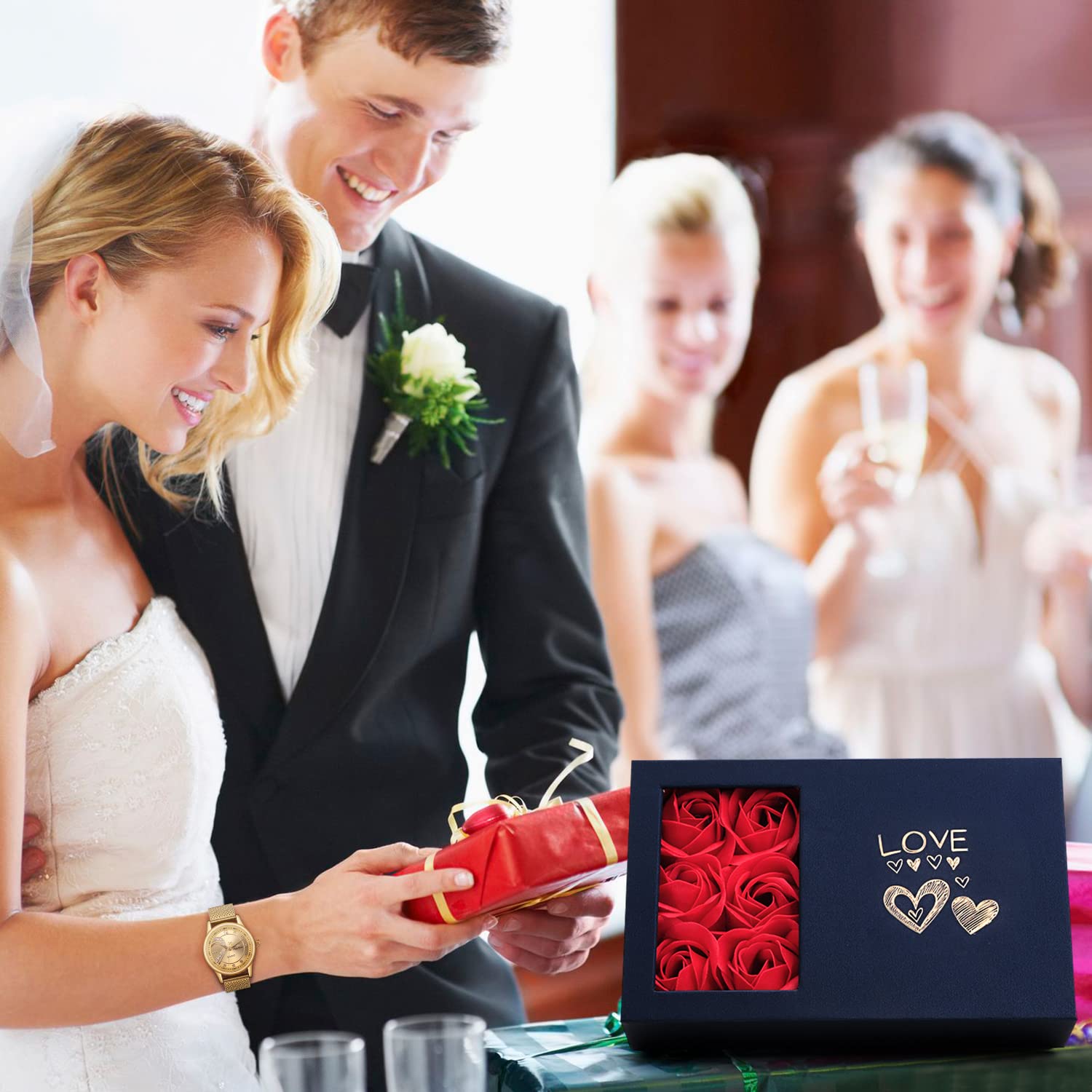 SIBOSUN Reloj para Parejas para él y para Ella, Reloj romántico de San Valentín, Relojes de Pulsera para Parejas de Cuarzo analógico, Juego de 2 Corazones de Malla de Cristal de Acero Inoxidable