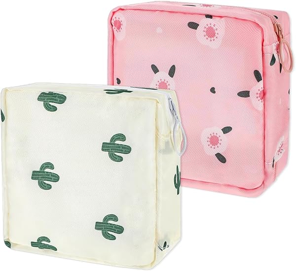 2 Pezzi Porta Assorbenti Da Borsa Sacchetti Di Tela Igienici Per Mestruale Con Cerniera Piccolo Pochette Porta Trucchi Da Viaggio Borsa Assorbenti Tampons Per Donna Ragazza (Bianco + Rosa) - 1