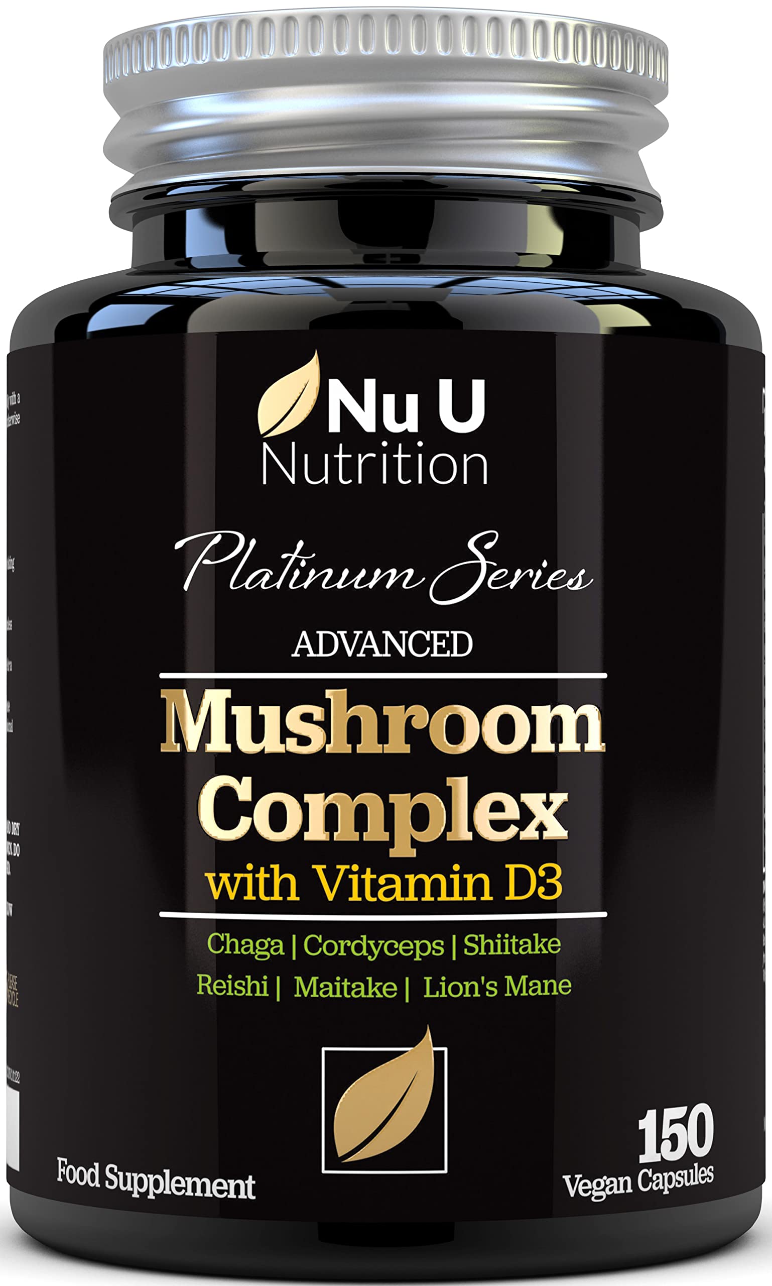 Mushroom Complex 6 Supplement - 150 Vegan Capsules - High Potency Superblend of Lions Mane, Chaga, Cordyceps, Shiitake, Reishi, Maitake Mushrooms with Vitamin D - Made in The UK - Nu U Nutrition