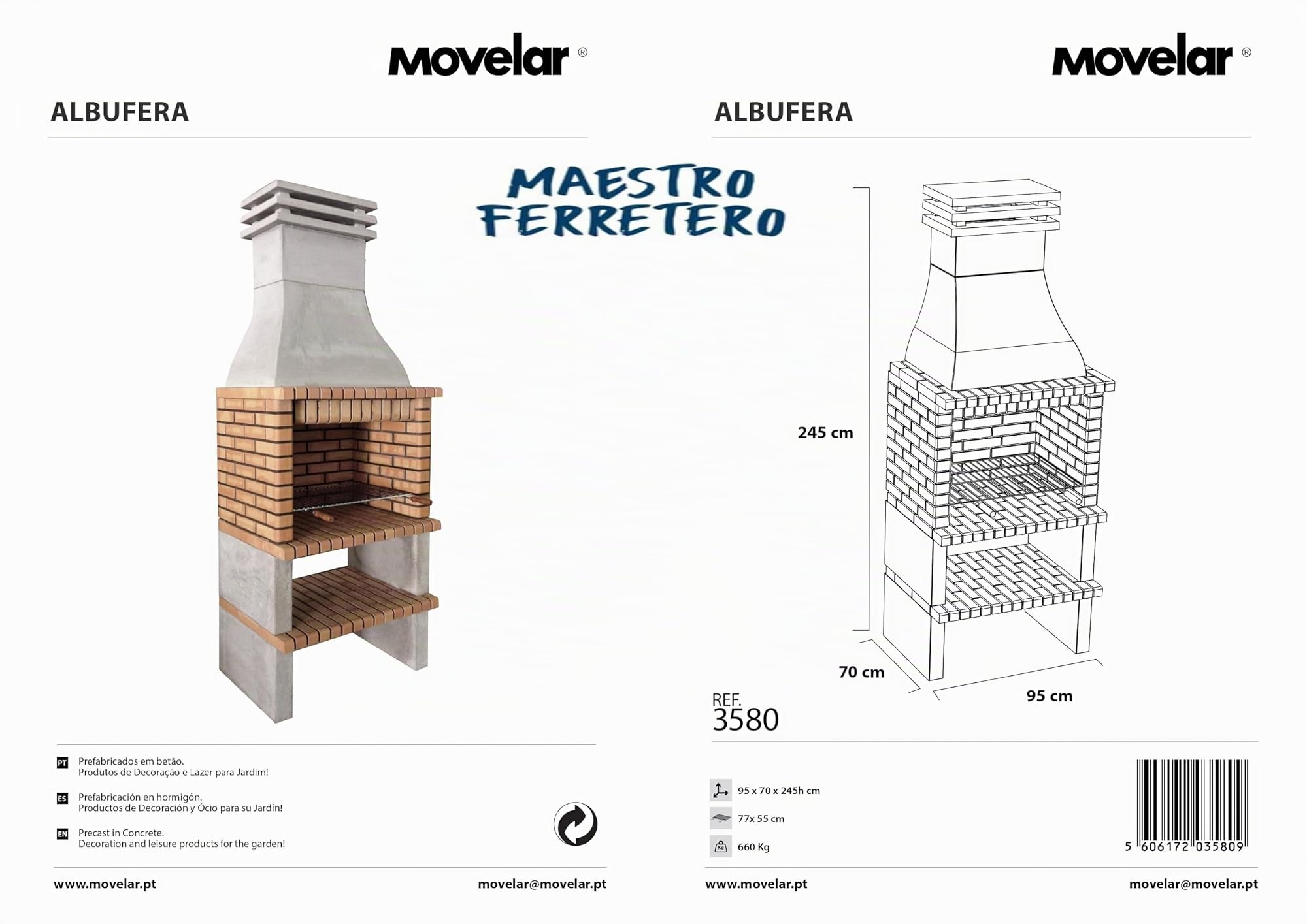 MOVELAR - Barbacoa de Obra Prefabricada de Leña y Carbón Modelo Albufeira (Gris, Naranja - 95 x 70 x 245 cm) REF: 3580 - Cocina de Exterior para Jardín y Terraza