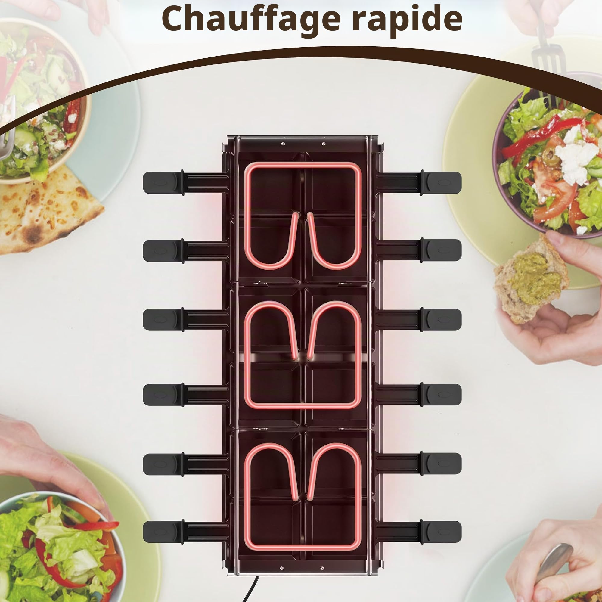UISEBRT Raclette Grill pour 12 Personnes, Appareil à Raclette 3 en 1 avec Caquelons, Set de Fondue, Pierre Chaude, 12 Caquelons et 12 Spatules en Bois, Grill à Raclette avec Plaque de Cuisson