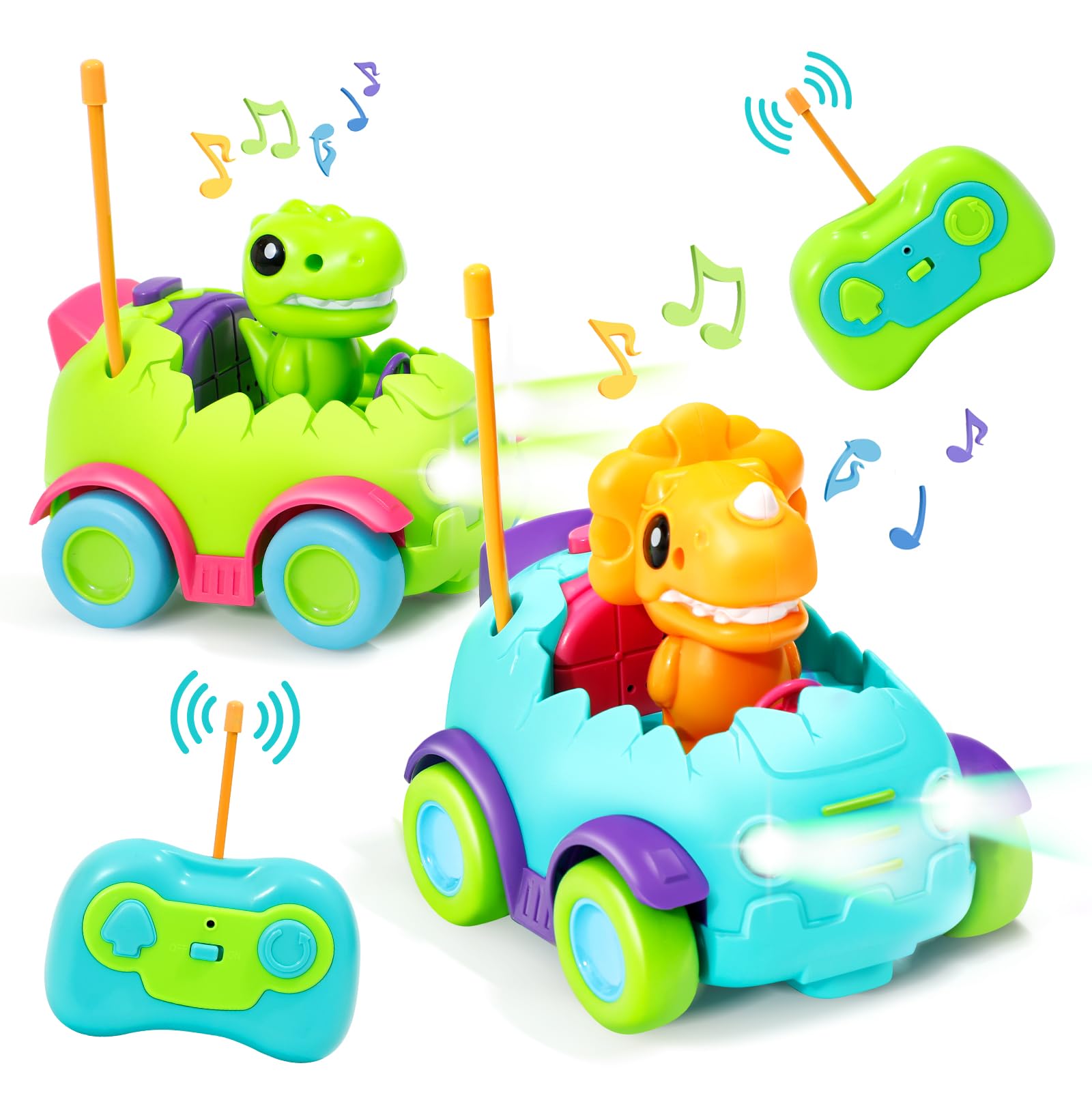 Remote Control Car for Toddlers 2-6, Valentine's Day Gift 2 Pack Electric RC Car Toys with Light & Music, Dinosaur Toys for Kids, Birthday Gift Toys for Toddlers.