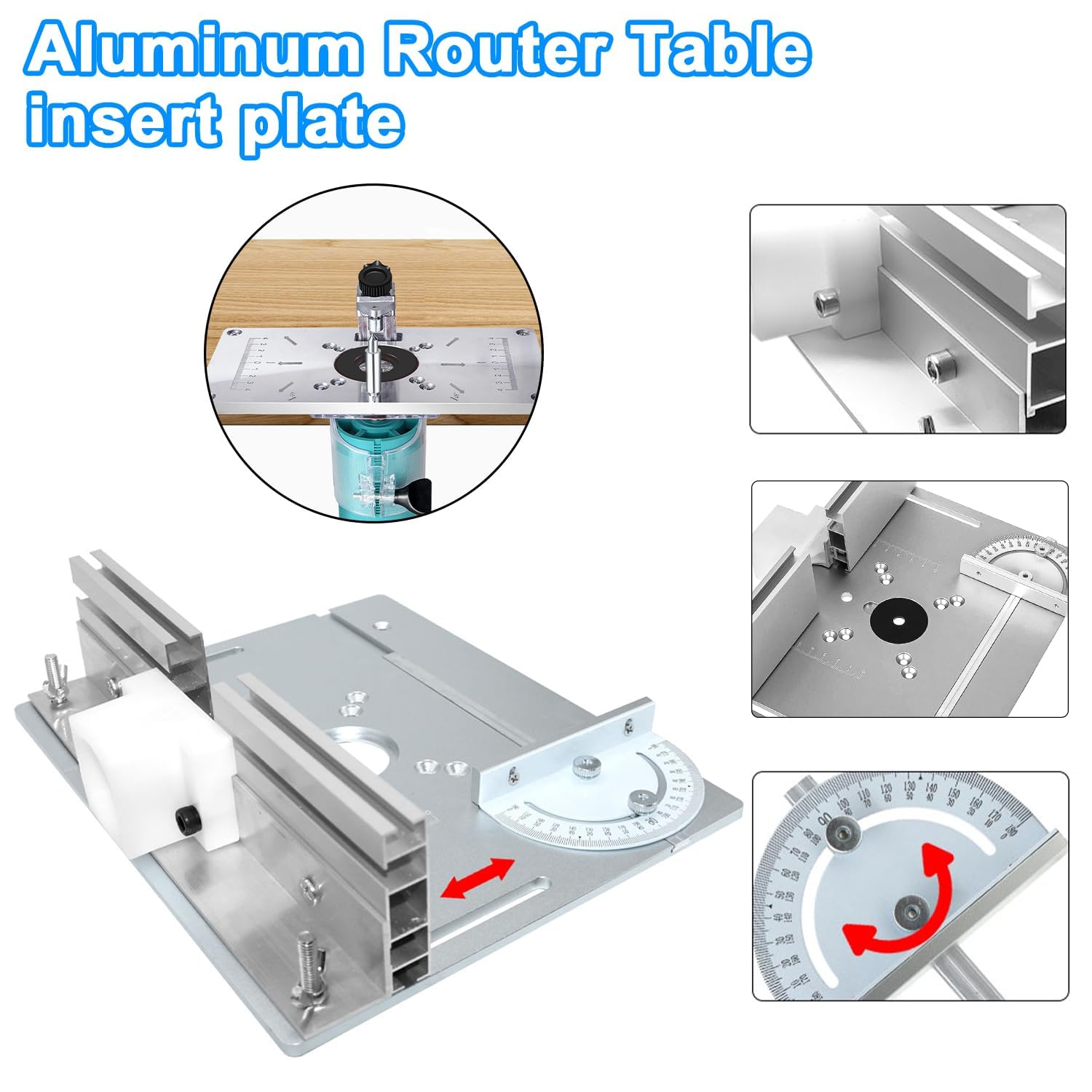 Juego de Placas de Inserción de Mesa Fresadora para Madera de Aluminio, Placas de Inserción de Sierra de Mesa Con Respaldo de Regla Angular, Mesa para Fresadora para Fresar y Ranurar