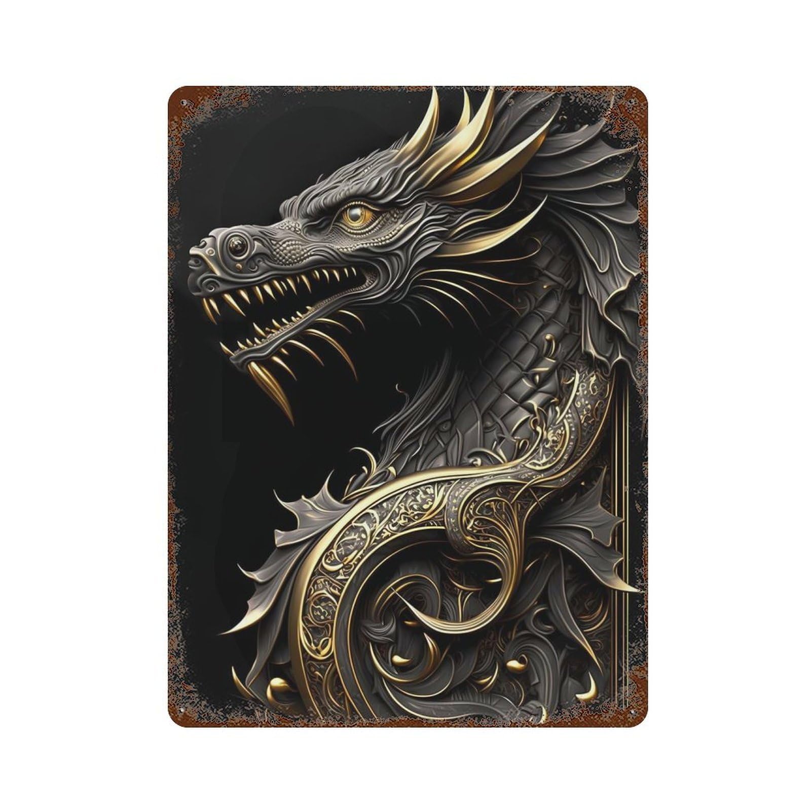 Dragon Ruler Art Deco Distressed Metal Wall Sign 15.7"x11.8", Rustic Home Decor for Living Room, Hallway And Home Decor