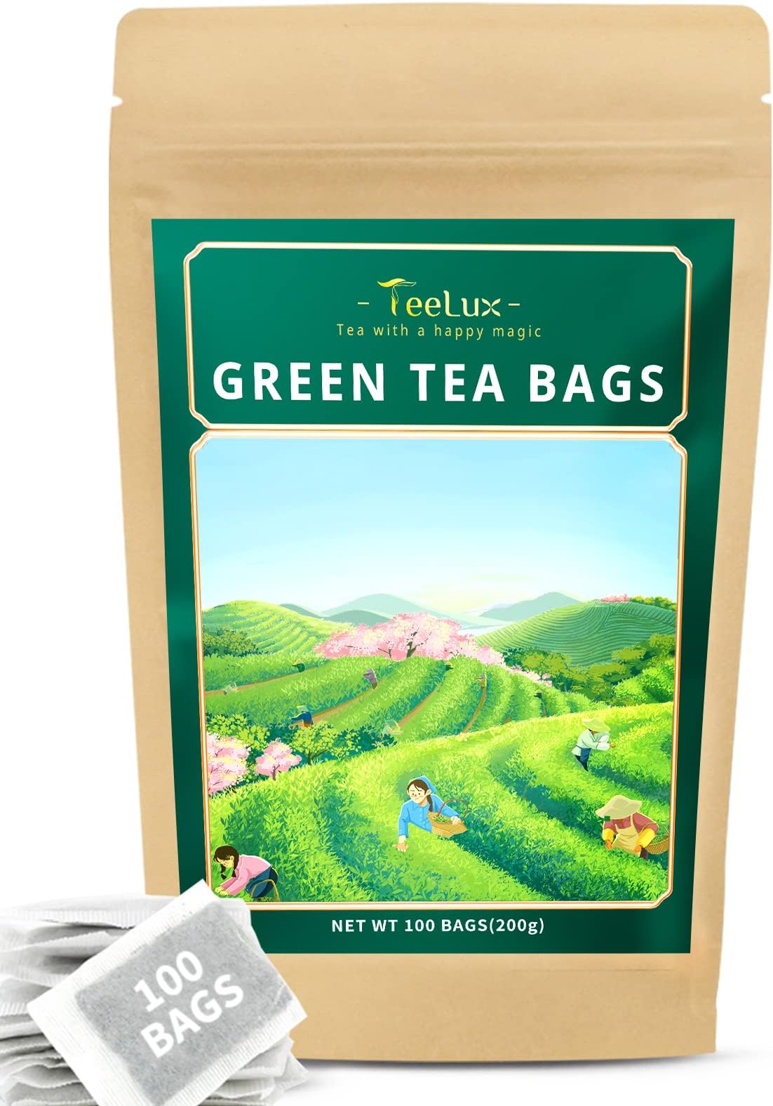 Green Tea Bags, Natural Pure Green Tea, Super Antioxidant, Caffeinated, 100 Count Tea Bags to Support Overall Health