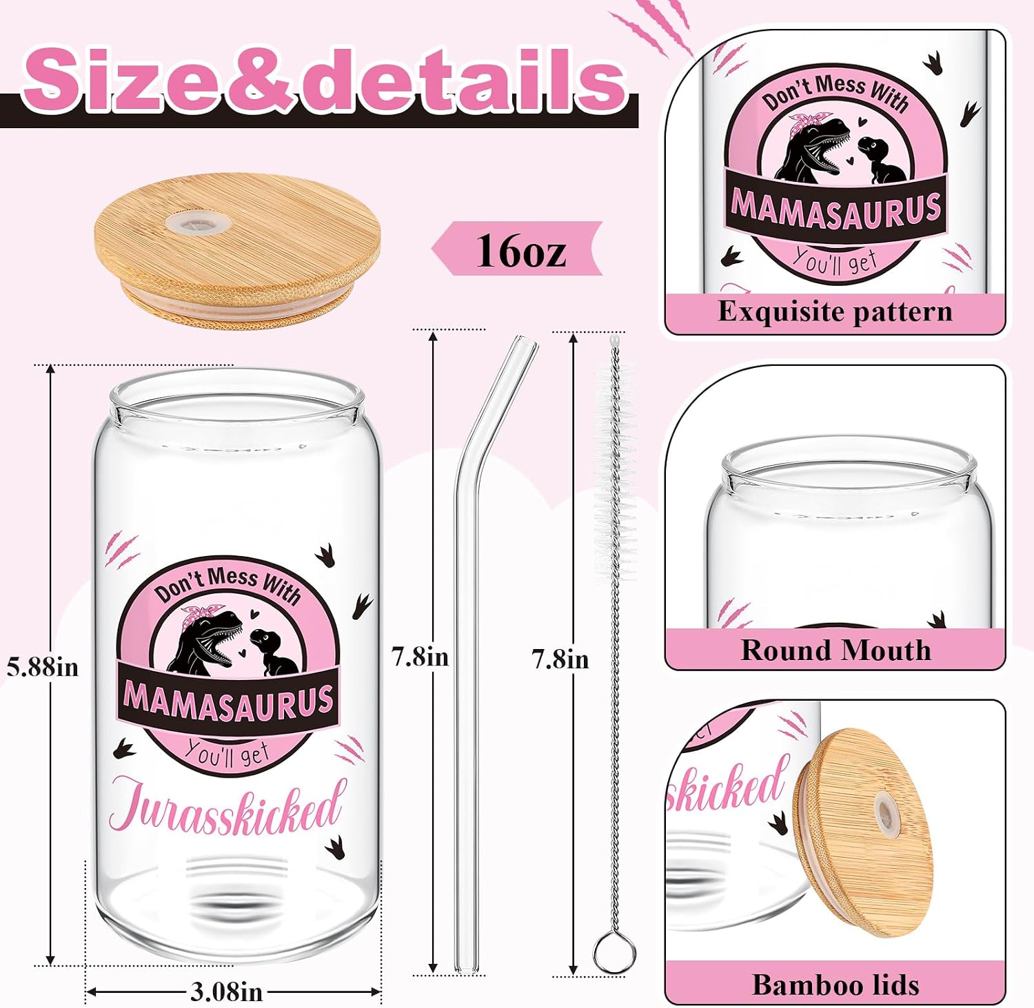 Mumufy 16oz Floral Glass Cup with Bamboo Lid Straw, Mamasaurus Gift