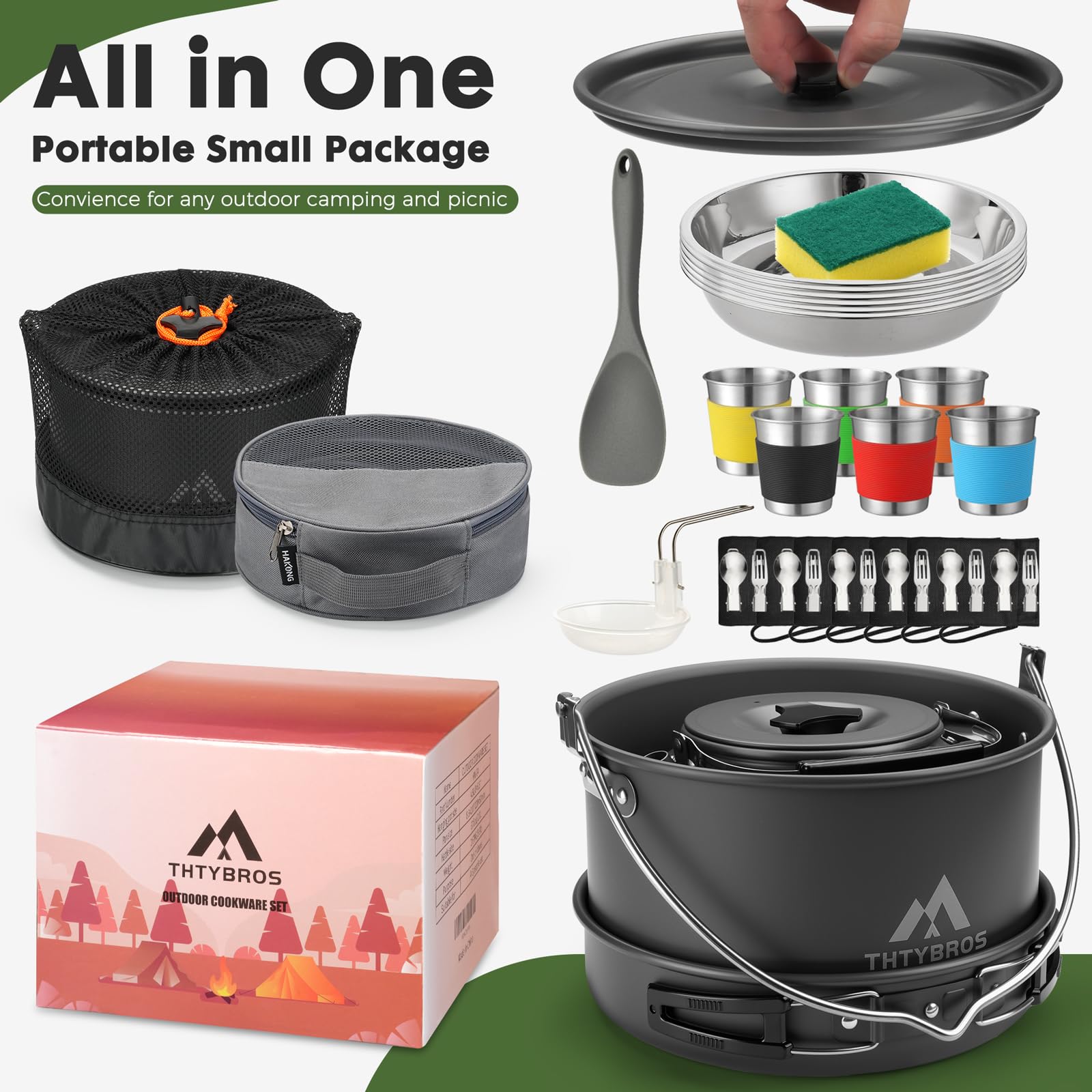 Zestaw naczyń kempingowych THTYBROS 43 elementów dla 6 osób, garnek 4,75QT, czajnik 2,1QT, patelnia, kubki oraz sztućce, solidny zestaw aluminiowy na biwak, wędrówki i pikniki