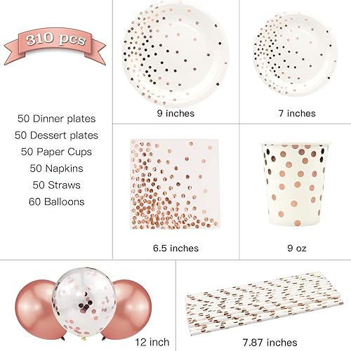 Miniatura 2 de 310 piezas de papel de oro rosa para fiestas juego de vajilla desechables con puntos de oro rosa 50 platos de cena 50 platos de postre 50 tazas 50