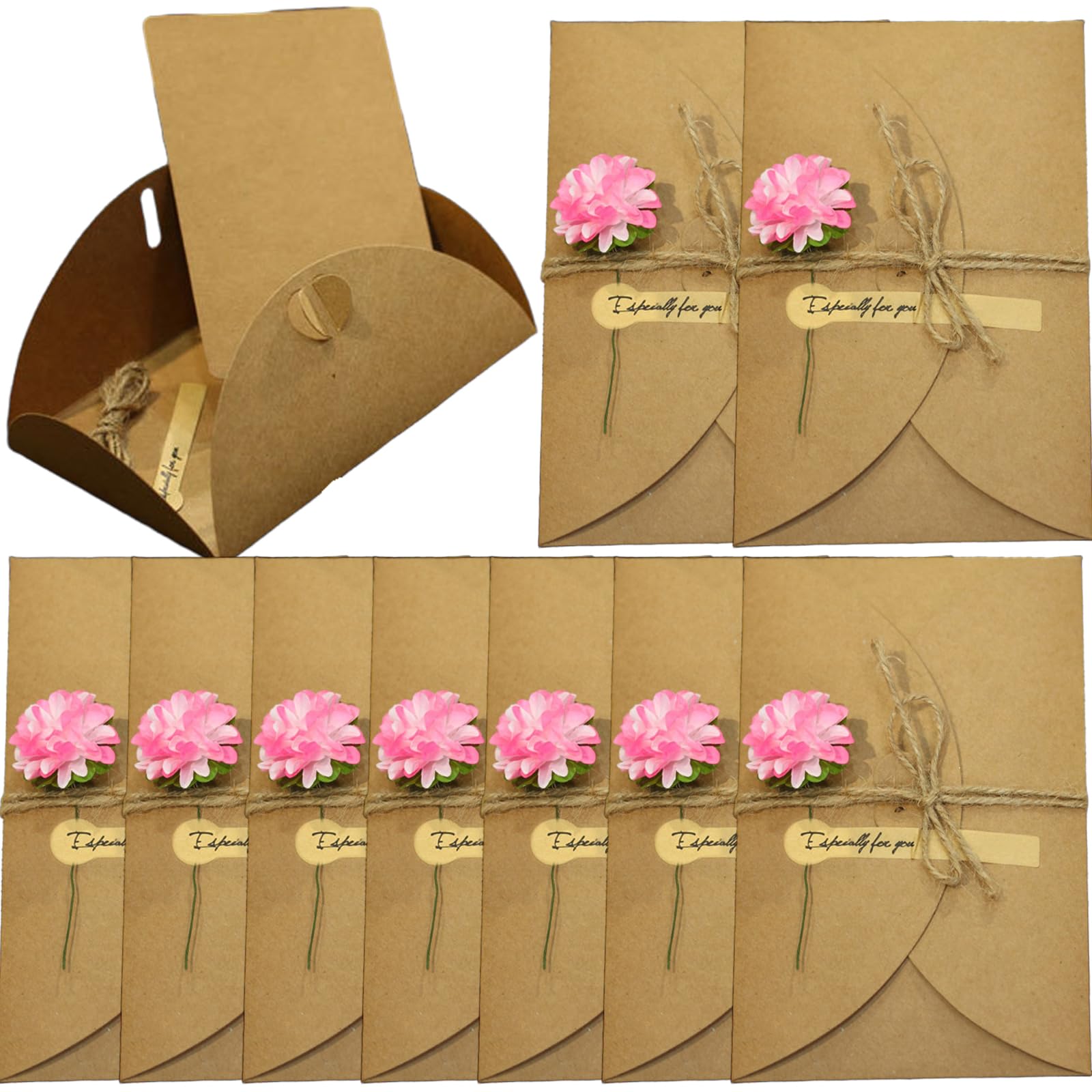 10PCS Retro Kraft Paper Gift Envelopes with Handmade Dried Flower Long Invitation Envelopes with Heart Closure & Greeting Card Sticker Buckle Envelope Jute Twine Handmade Fancy Envelope