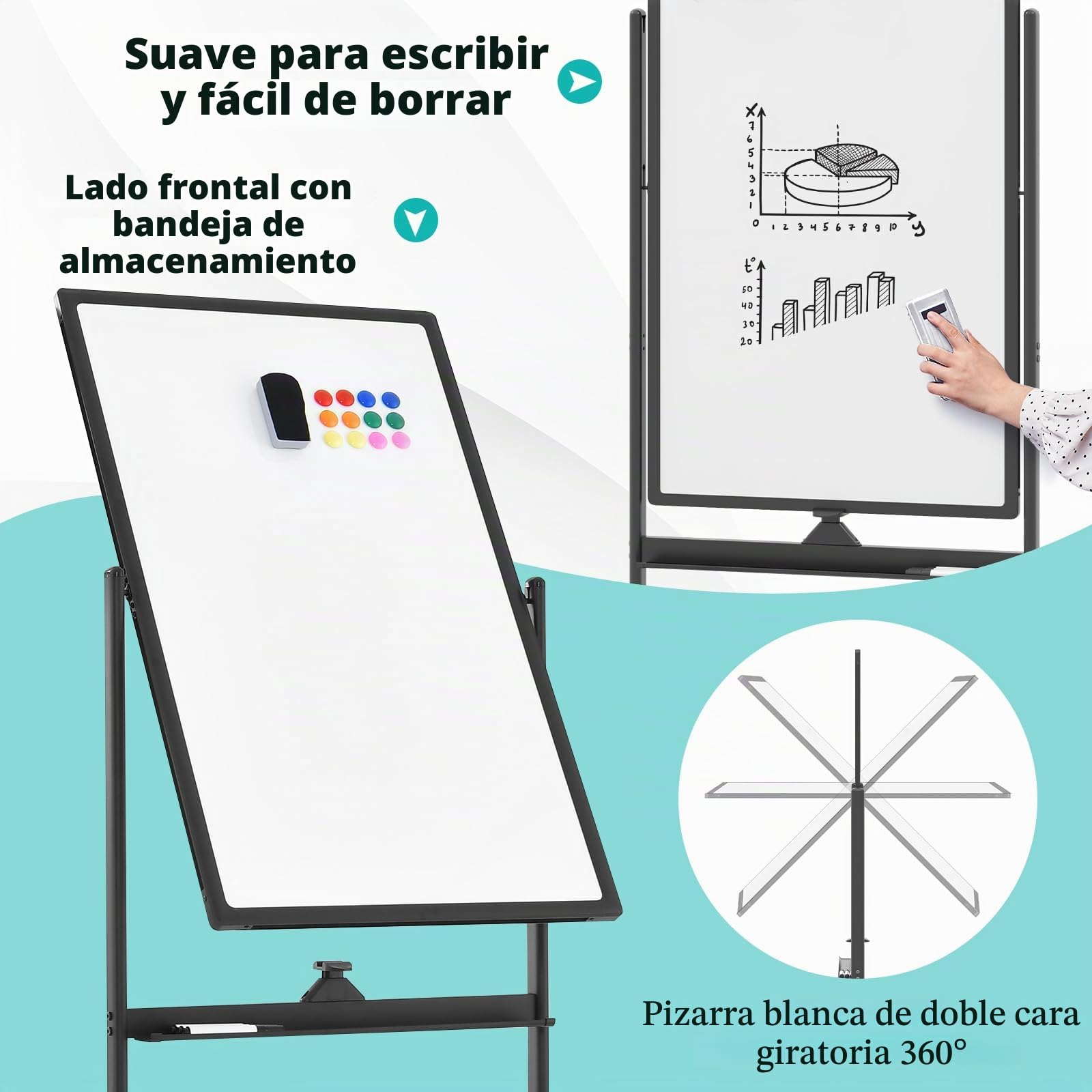 GIANTEX Pizarra Blanca Móvil de Doble Cara, 60 x 100 cm, Pizarra Magnética con Patas Ajustable en 2 Niveles, con Borrador en Seco, Marcadores Negros, Imanes, Pizarra de Caballete con Ruedas (Negro)